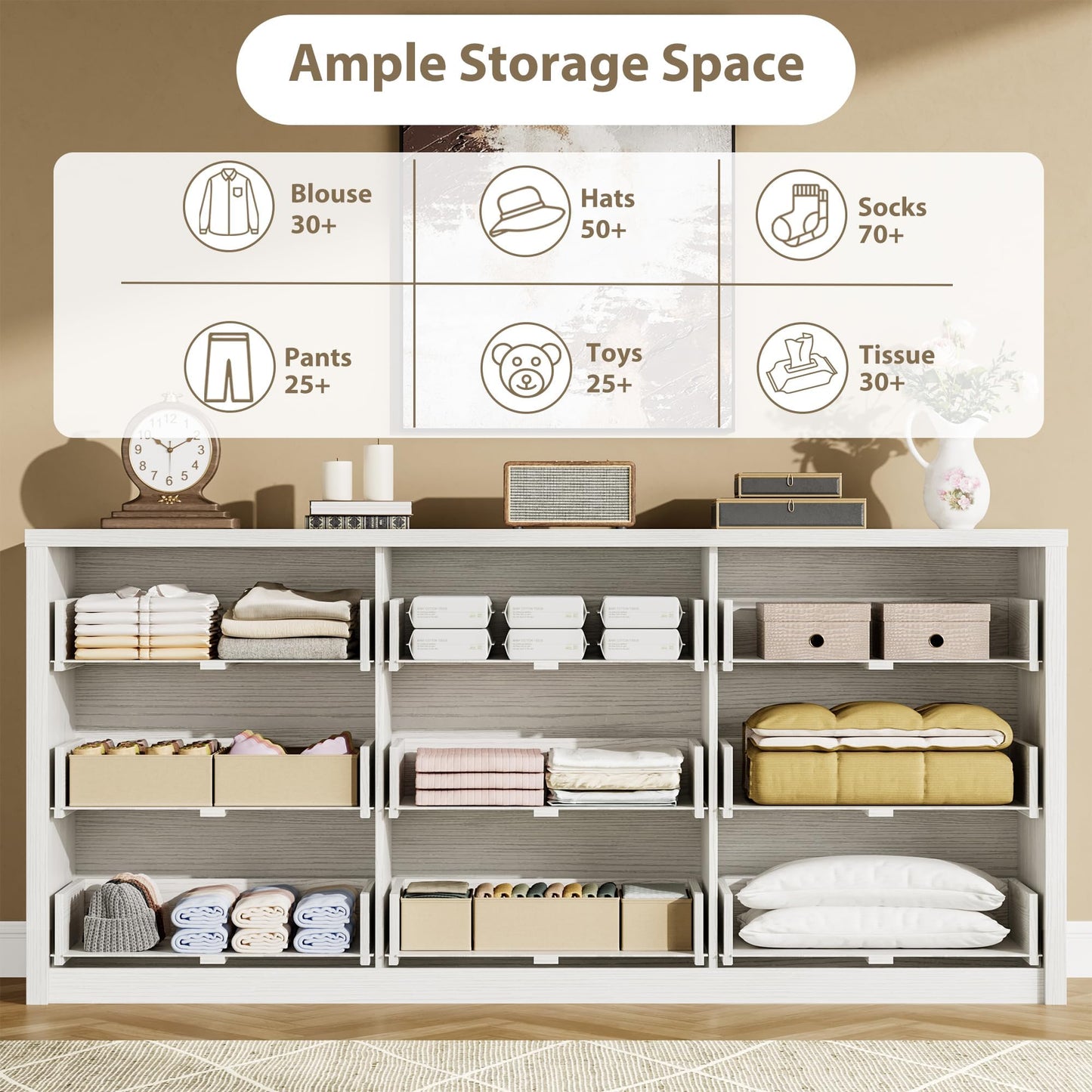 GarveeLife Wooden Dressers with 9 Drawers for Bedroom - White Chest of Drawers for Living Room - Large Modern 9-Drawer Dresser