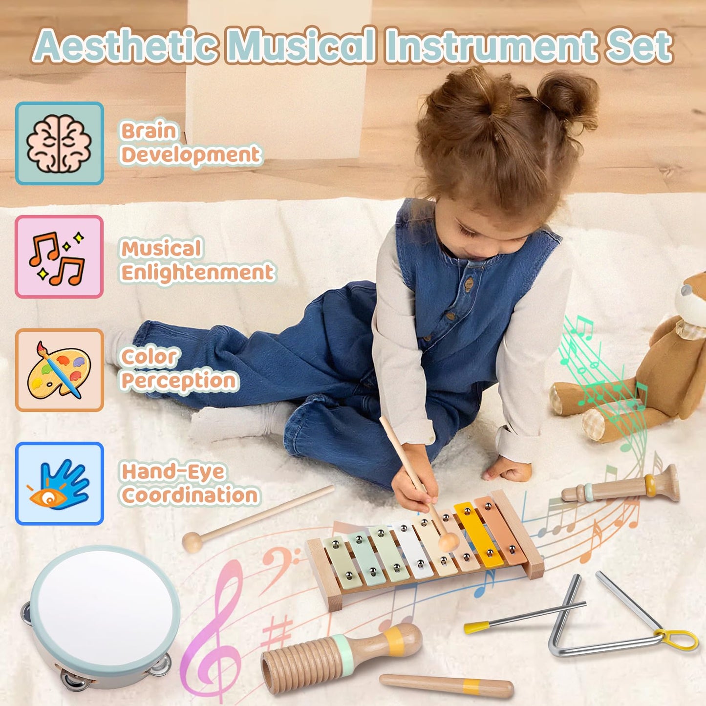 Baby Musical Instruments - Toddler Musical Toys Montessori Wooden Xylophone Maracas Tambourine Percussion Set for 18+ Months, Kids Educational Music Learning Toys, Birthday Gifts for Boys Girls