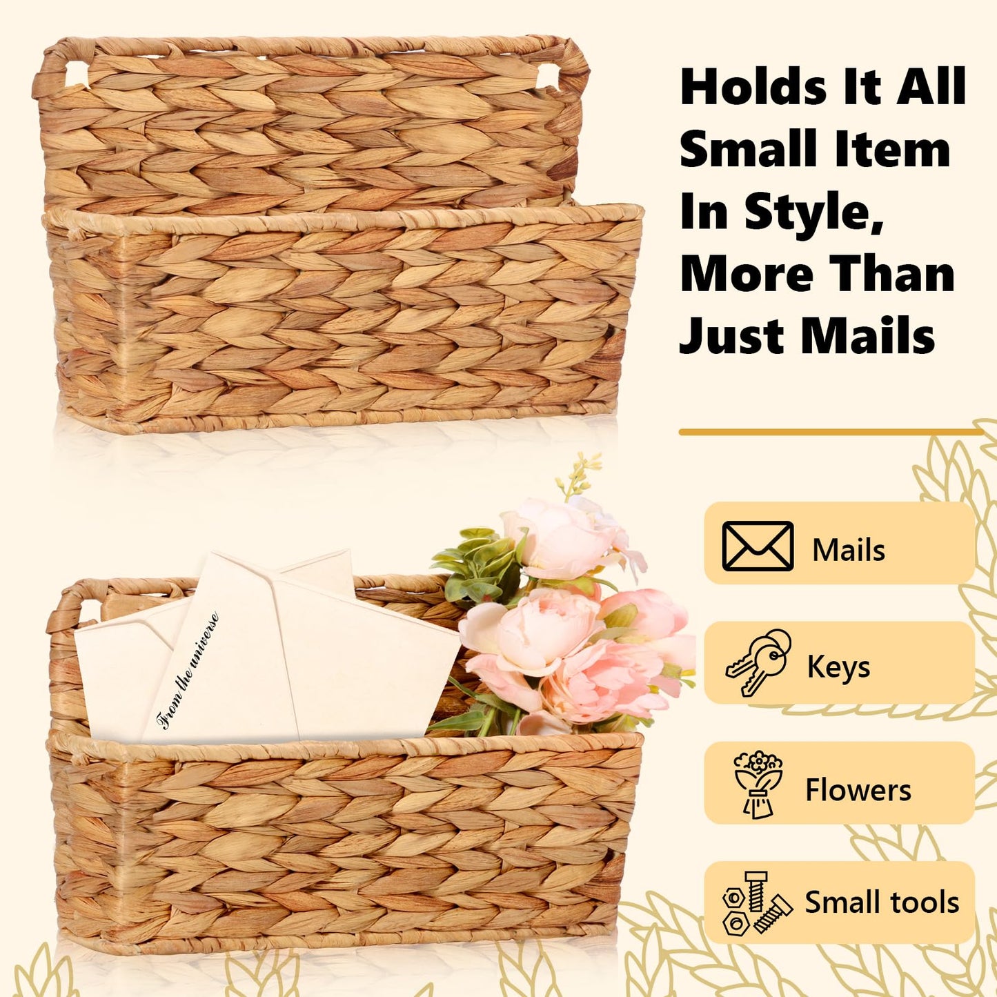 2 Pcs Woven Mail Holder Wall Mount Basket 9.25x1.57 Inch Rattan Wall Letter Holder Wicker Wall Basket Storage Water Hyacinth Hanging Storage Basket with Hooks Magazine Basket for Mail Envelope Office