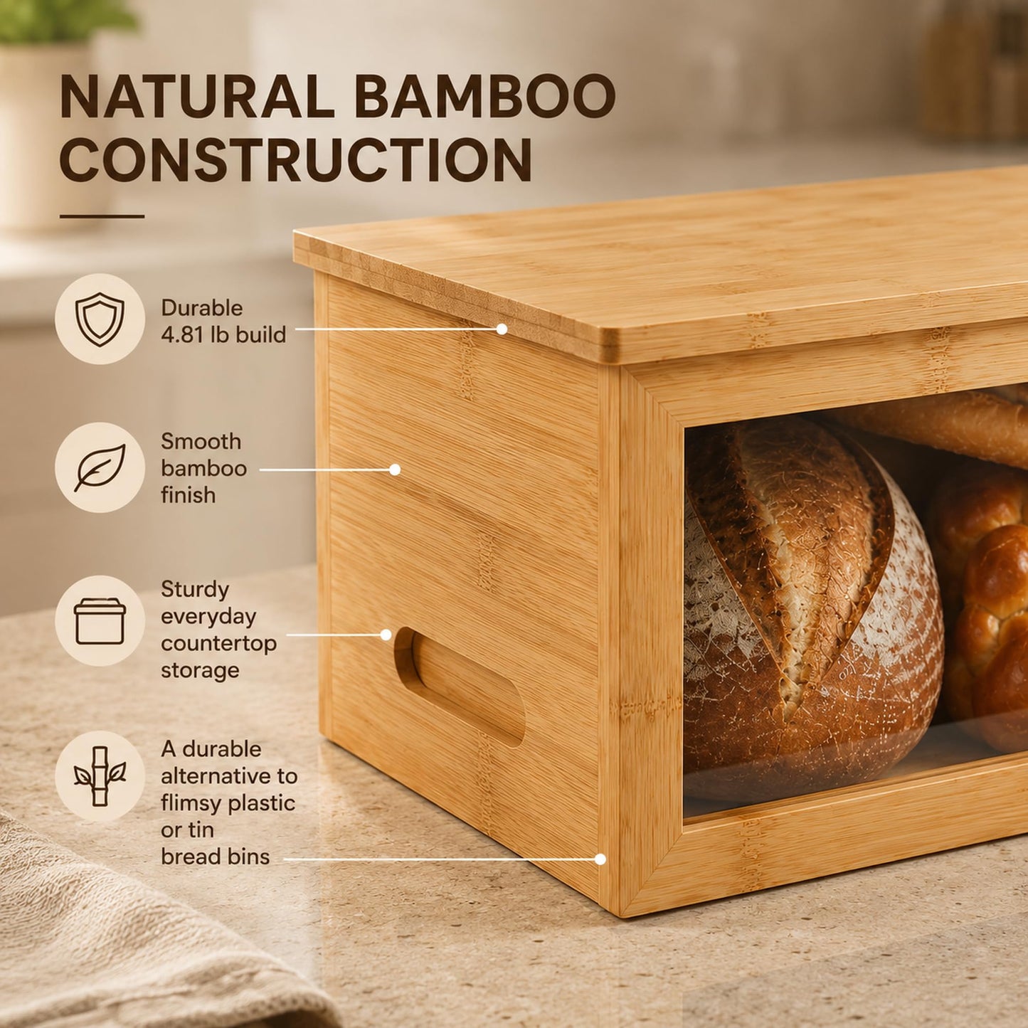 Inspera Bamboo Bread Box with Cutting Board Lid – Large Wooden Kitchen Countertop Storage Bin for Loaves and Pastries – Clear Acrylic Window Display – 15.4 x 9.9 Inch
