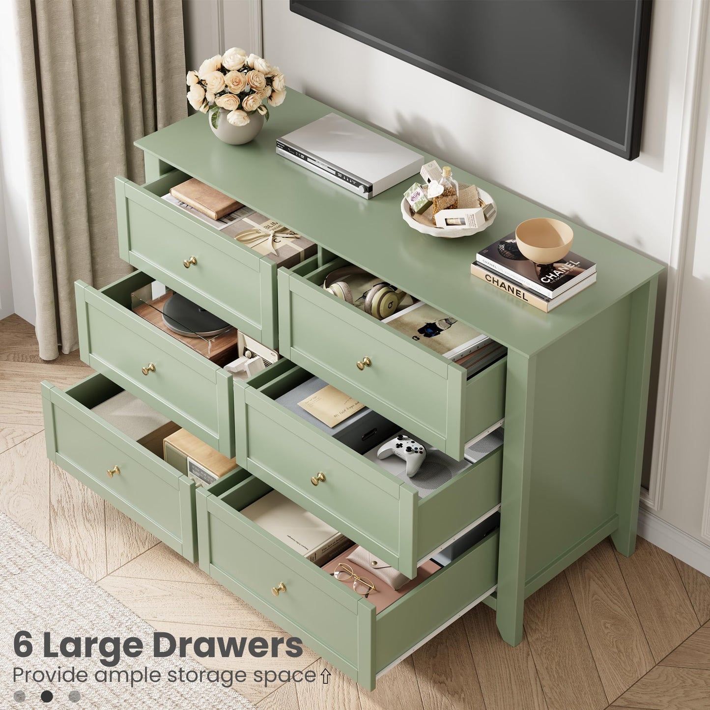 IDEALHOUSE Sage Green 6 Drawer Dresser for Bedroom, Large Dresser with Deep Drawers & Metal Knobs, Modern Wooden Chests of Drawers for Entryway, Hallway