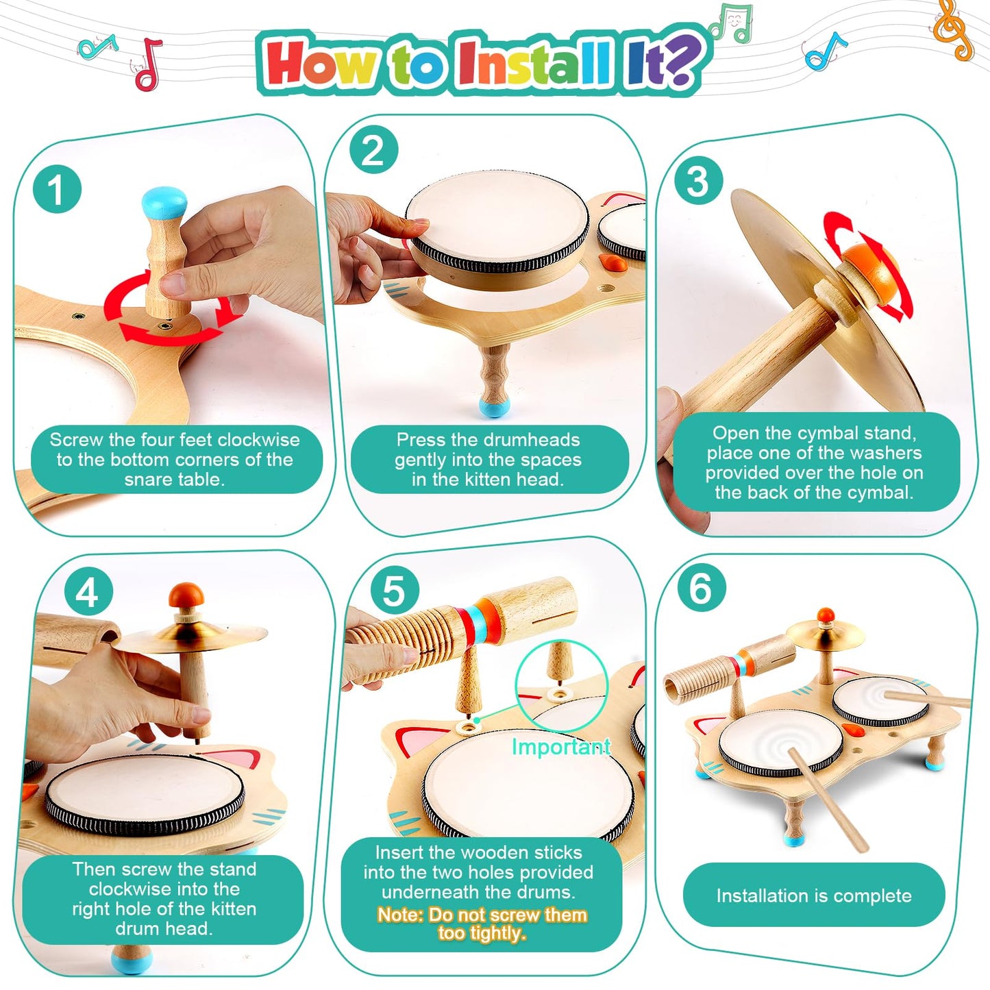 WINGYZ Kids Drum Set, 6-in-1 Wooden Musical Instrument Table