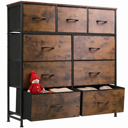 WLIVE 9-Drawer Dresser, Fabric Storage Tower for Bedroom, Hallway, Entryway, Closet, Tall Chest Organizer Unit with Fabric Bins, Steel Frame, Wood Top, Easy Pull Handle, Rustic Brown Wood Grain Print