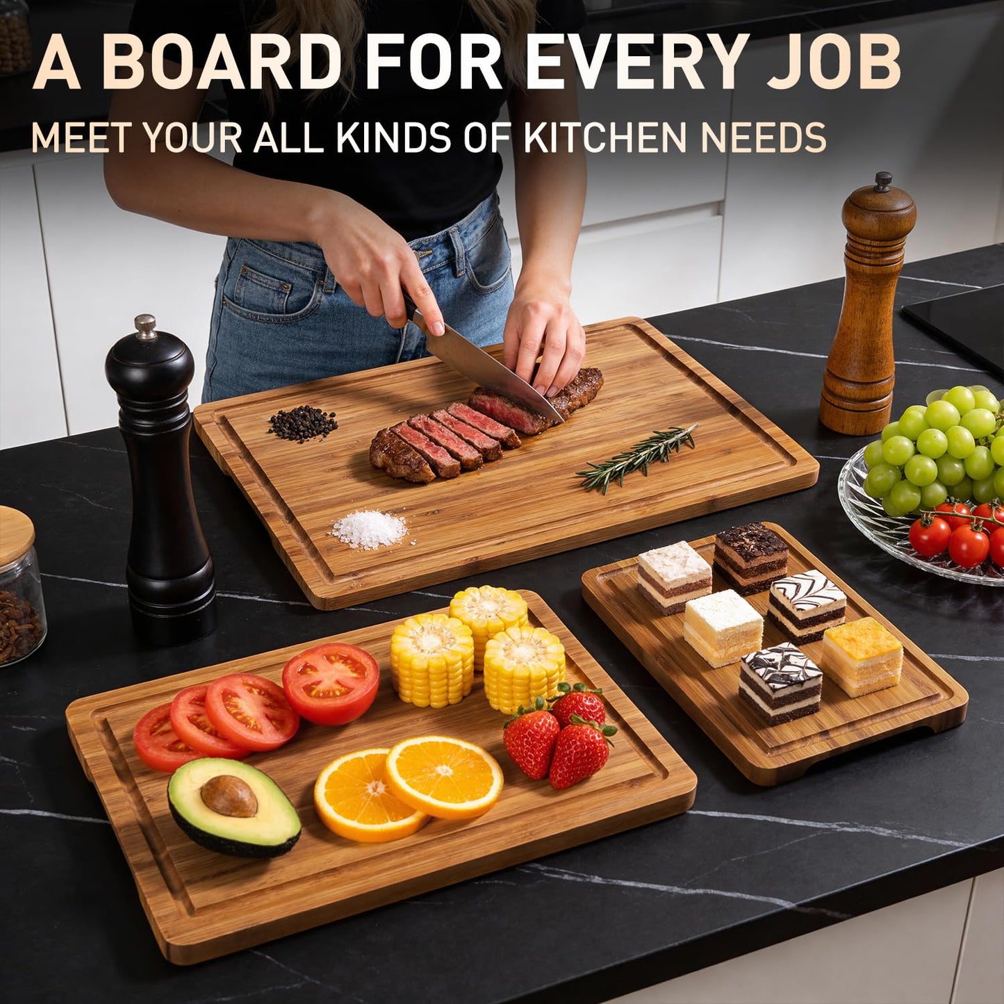3 Pack Bamboo Cutting Board Set with Non Slip Feet Solid Wood Cutting Boards for Kitchen Non Toxic Wooden Chopping Boards Small Plastic Free Butcher Block Hardwood Serving Cheese Charcuterie Board