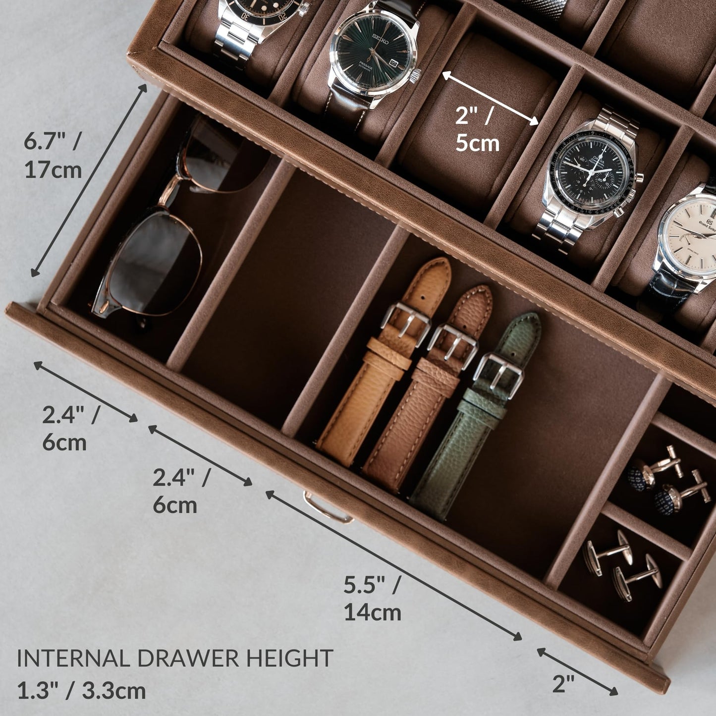 TAWBURY Watch Box for Men - 12 Slot Watch Case with Storage Drawer, Real Glass Display and 2-inch Wide Pillows for Large Watches (Brown)