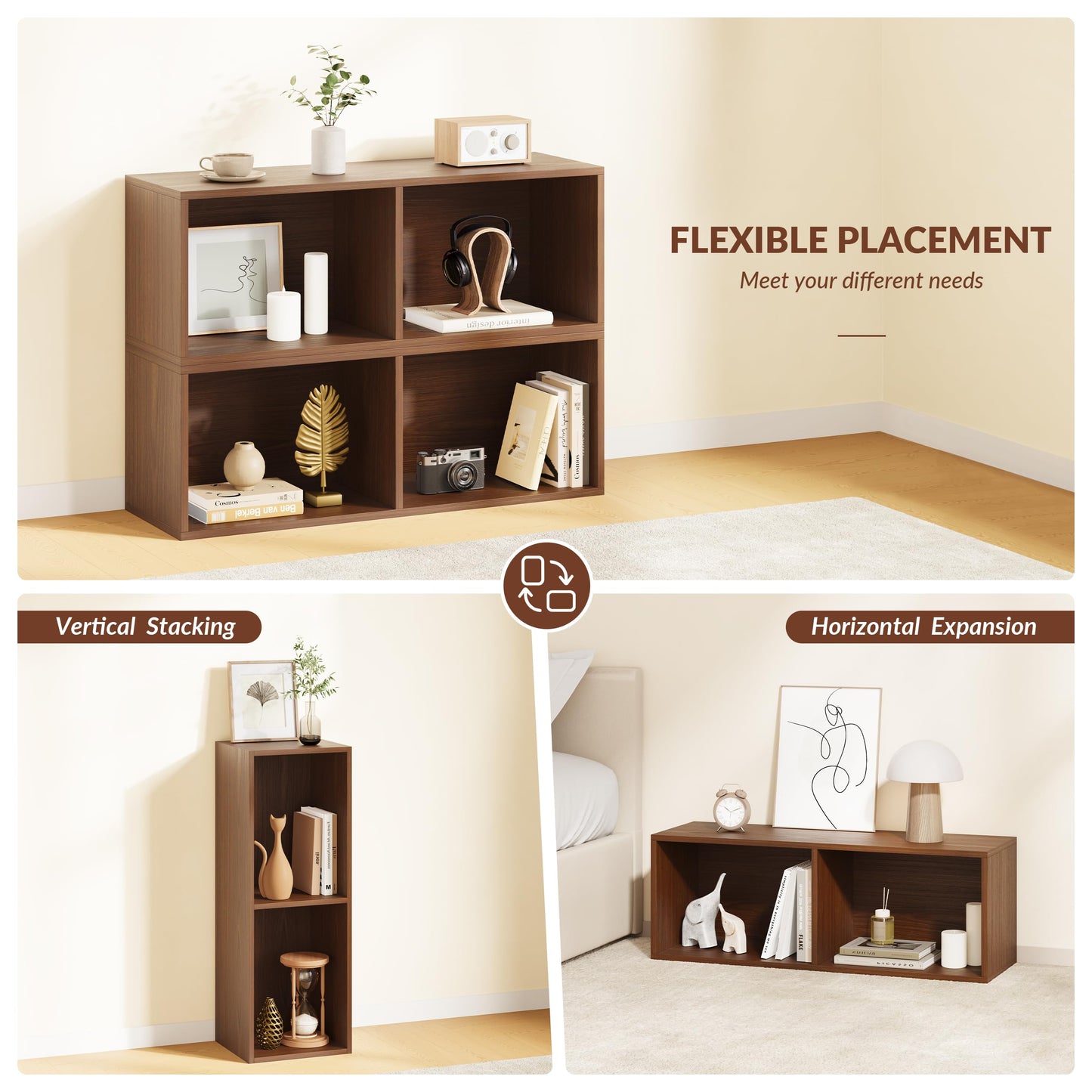 IOTXY DIY Modular Cube Bookcase - CubeXY Customizable Stackable Expandable Basic Shelving Units, 2-Cube Wooden Open Bookshelf for Miscellaneous Storage Organizer, Walnut