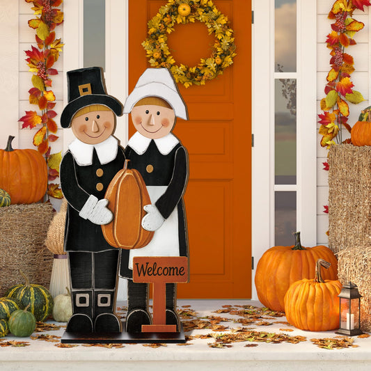 Anglechic 40 H Thanksgiving Pilgrim Couple with Pumpkin Porch Sign Farmhouse Wooden Pilgrim Welcome Sign Standing Porch Decor for Fall Harvest Autumn Thanksgiving Indoor Outdoor Yard Garden Decor
