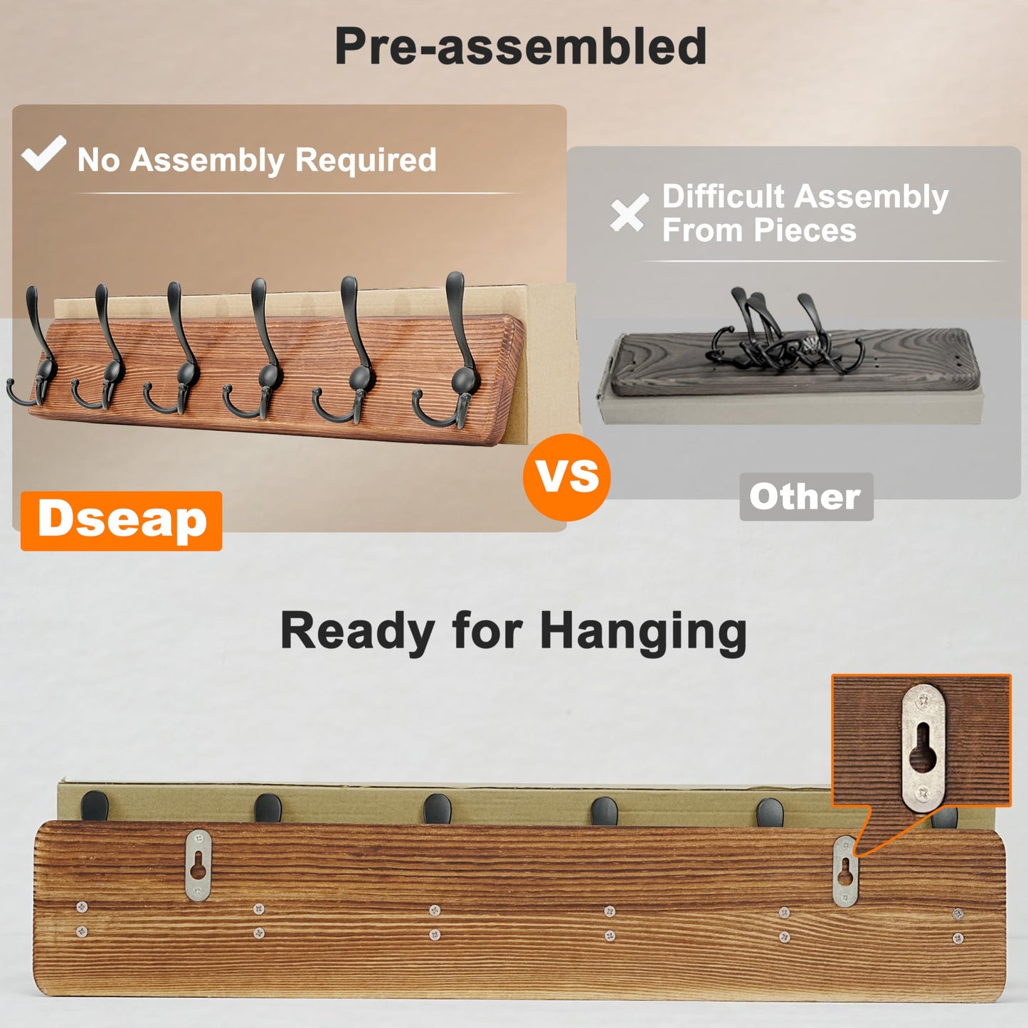 Dseap Coat Rack Wall Mounted - 24" Long 6 Tri Hooks, Heavy Duty Wooden Wall Coat Hanger Coat Hook for Clothes Hat Jacket Clothing, Weathered Blue and Black