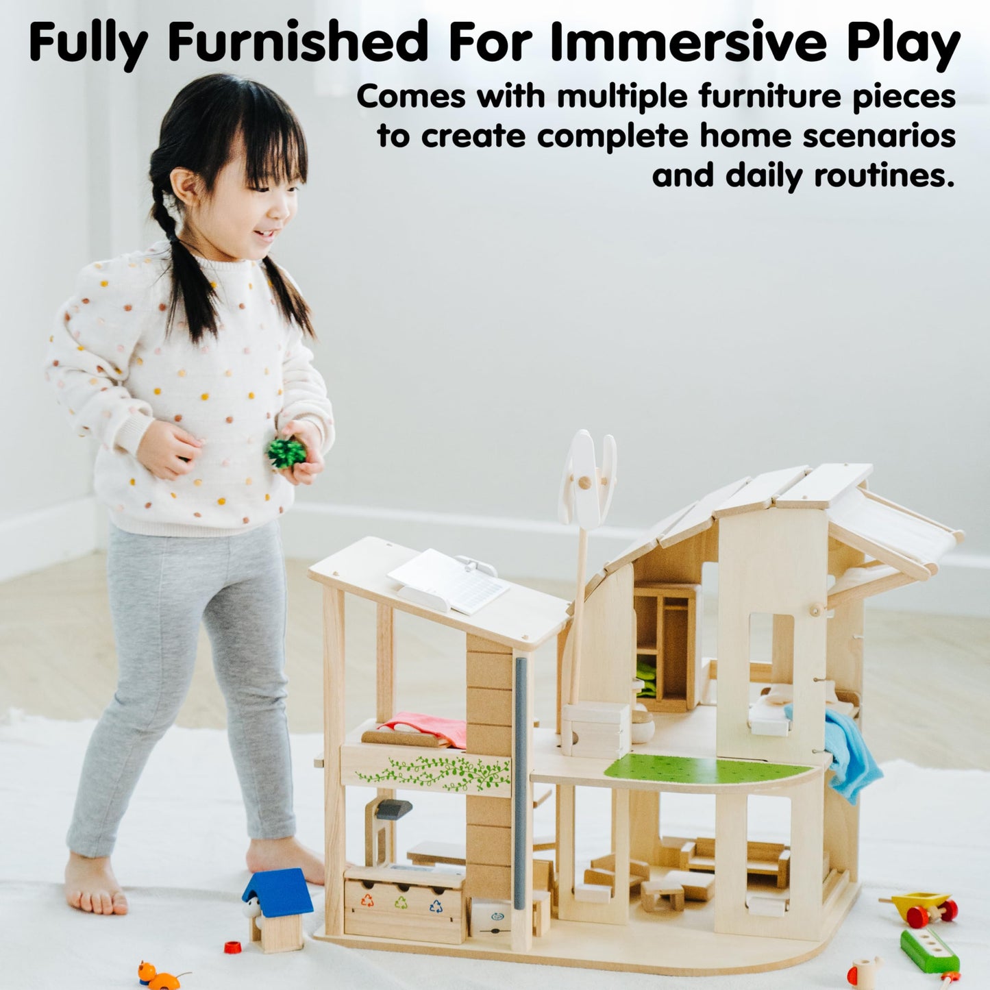 PlanToys® Green Wooden Dollhouse with Furniture | Eco Friendly Doll House with Solar Panel, Wind Turbine & Recycling System | Pretend Play Dollhouse for Sustainable Living Role Play