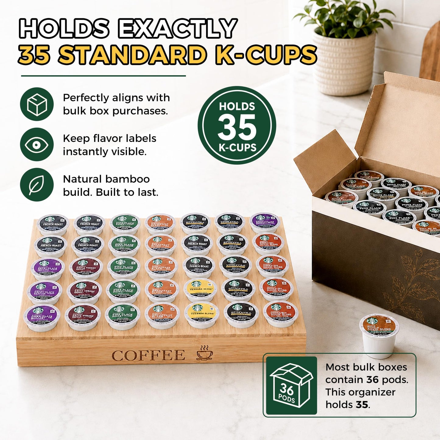 MinBoo BamBoo k cup holder Drawer or Countertop k cup Organizer Coffee Pod Holder Hold 35 Coffee Pod Storage Kcup coffee pods holder for coffee station Office and Kitchen k cup storage