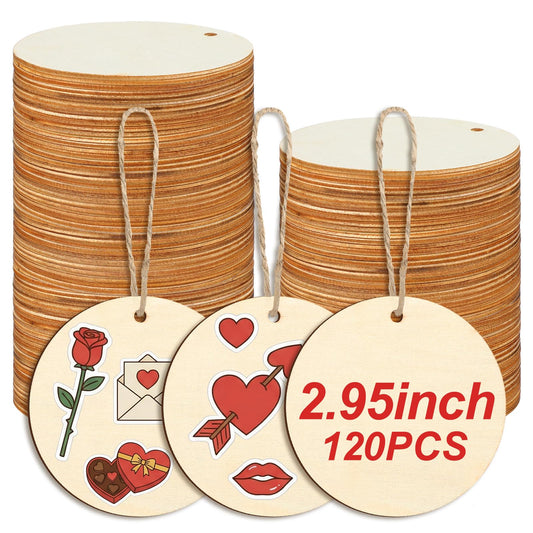 Jetec 120 Pcs Wooden Circles with Holes Unfinished Round Discs for DIY Craft Painting, Engraving, Christmas Ornaments, Gift Tags, Wedding Decorations