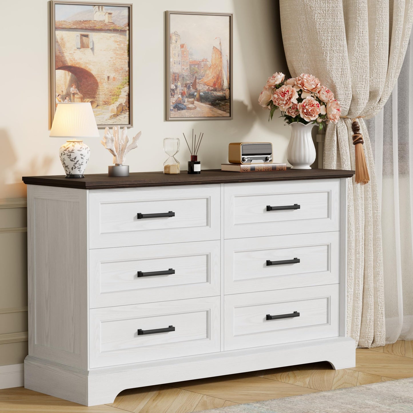 Furmax Farmhouse Dresser for Bedroom, 6 Drawers Dresser, Wood Chest of Drawers, 47.2" Wide Storage Dressers Organizer for Bedroom, Living Room, White and Brown