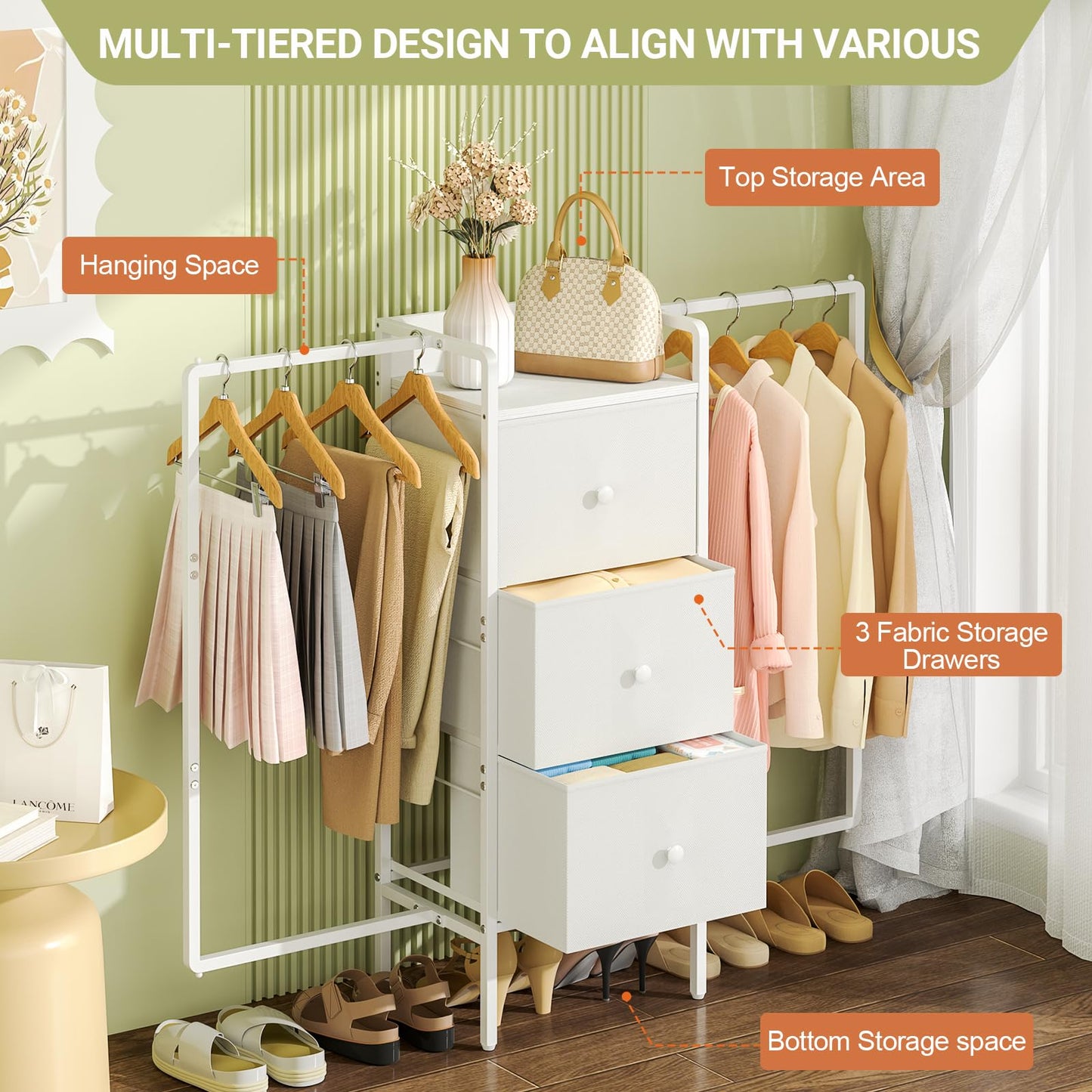 3IngSeagulls Kids Dressers for Bedroom with 2 Hanging Racks, Small Dresser for Bedroom with 3 Drawers, 53'H Faric Chest of Drawers with Clothes Rack, Small White Dresser for Kids with Wooden Top