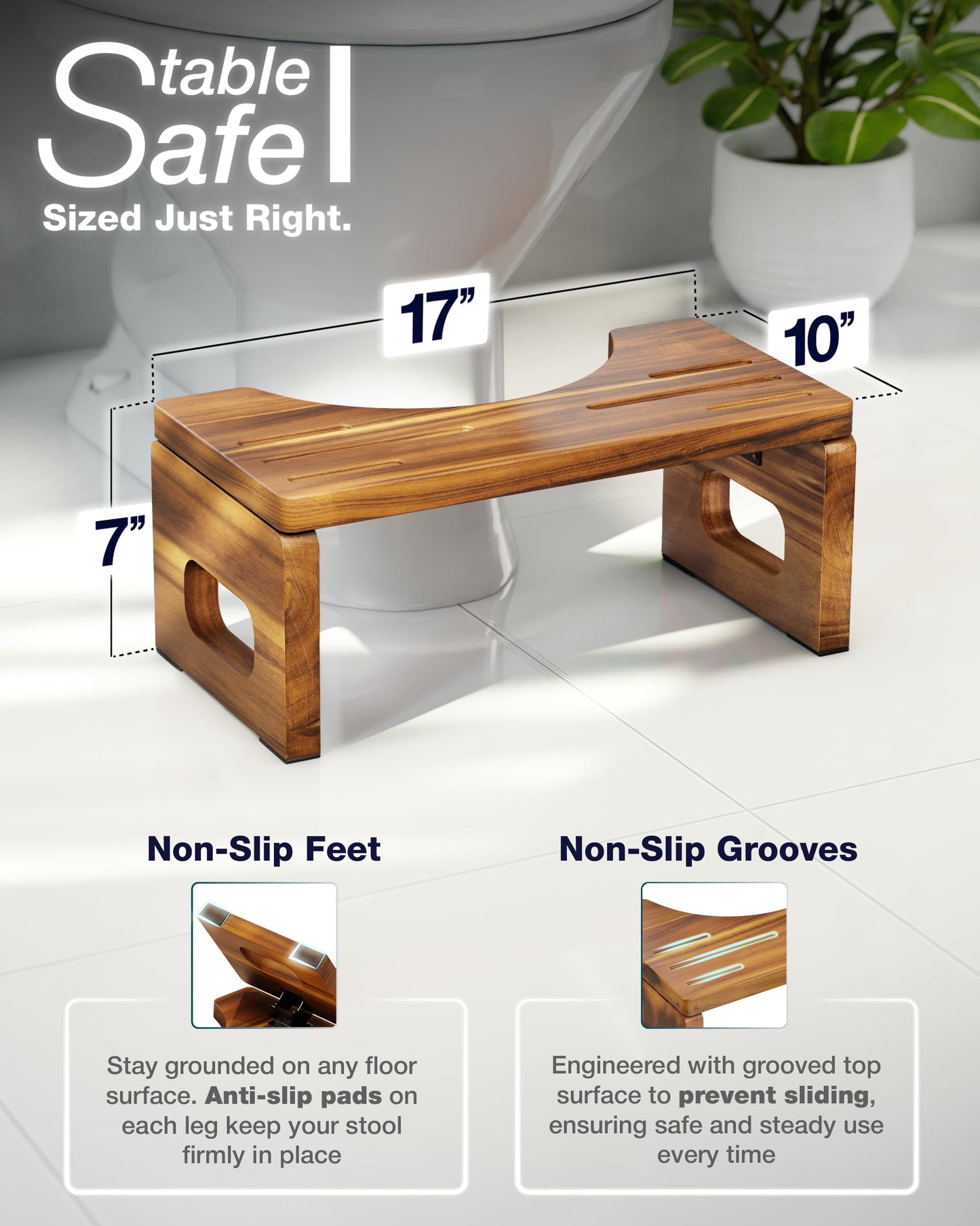 BLUEWEST Acacia Wood Foldable Toilet Stool for Adults, 7 Inch Poop Stool for Bathroom, Non-Slip Toilet Step Stool with Space-Saving Collapsible Design