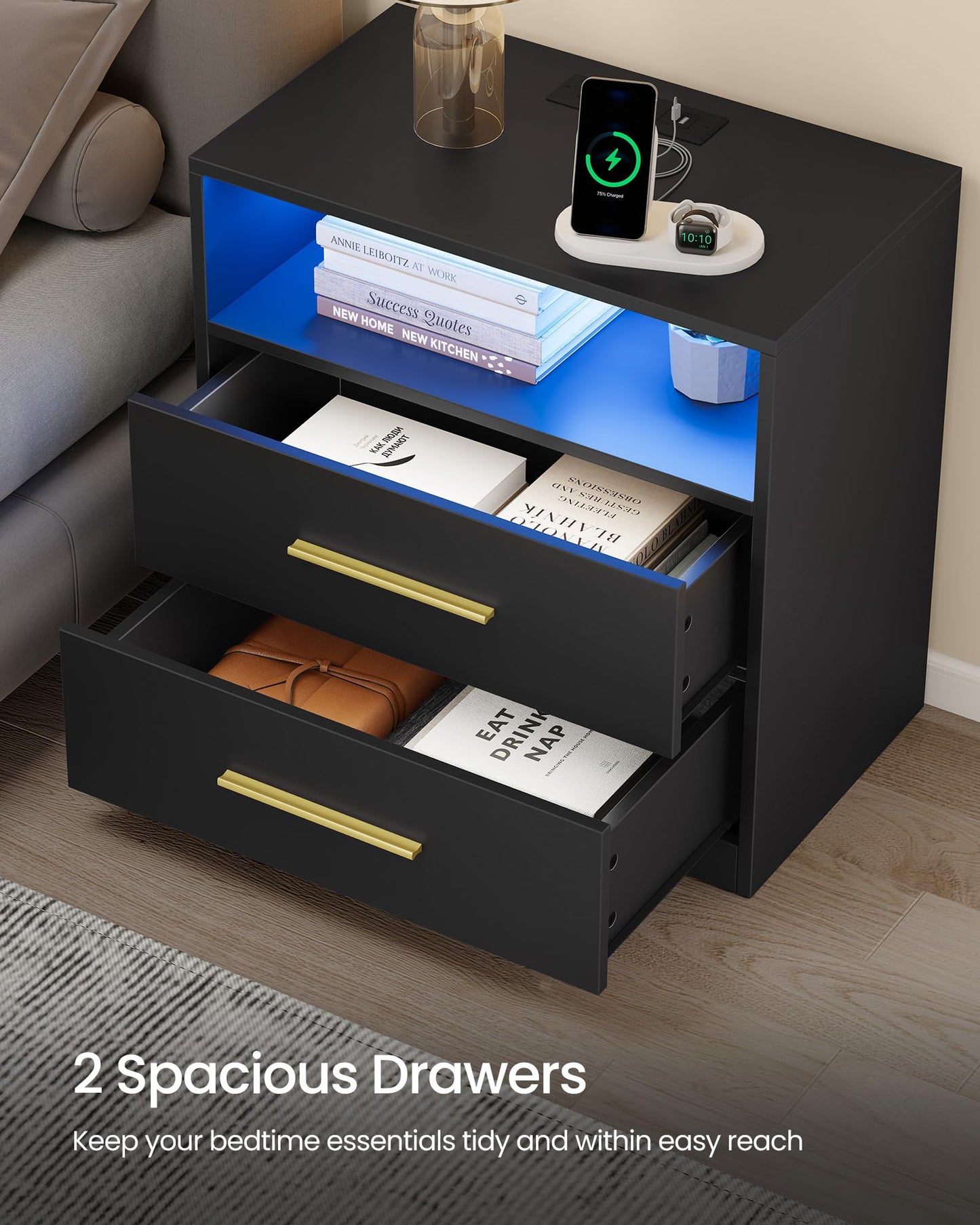 VASAGLE Custos Collection - 23.6 Inch Wide Nightstand with Charging Station, LED Lights, Modern Night Stand, Side End Table with Drawers, Open Shelf, 2 AC Outlets USB Ports, Ink Black ULET639BC01S