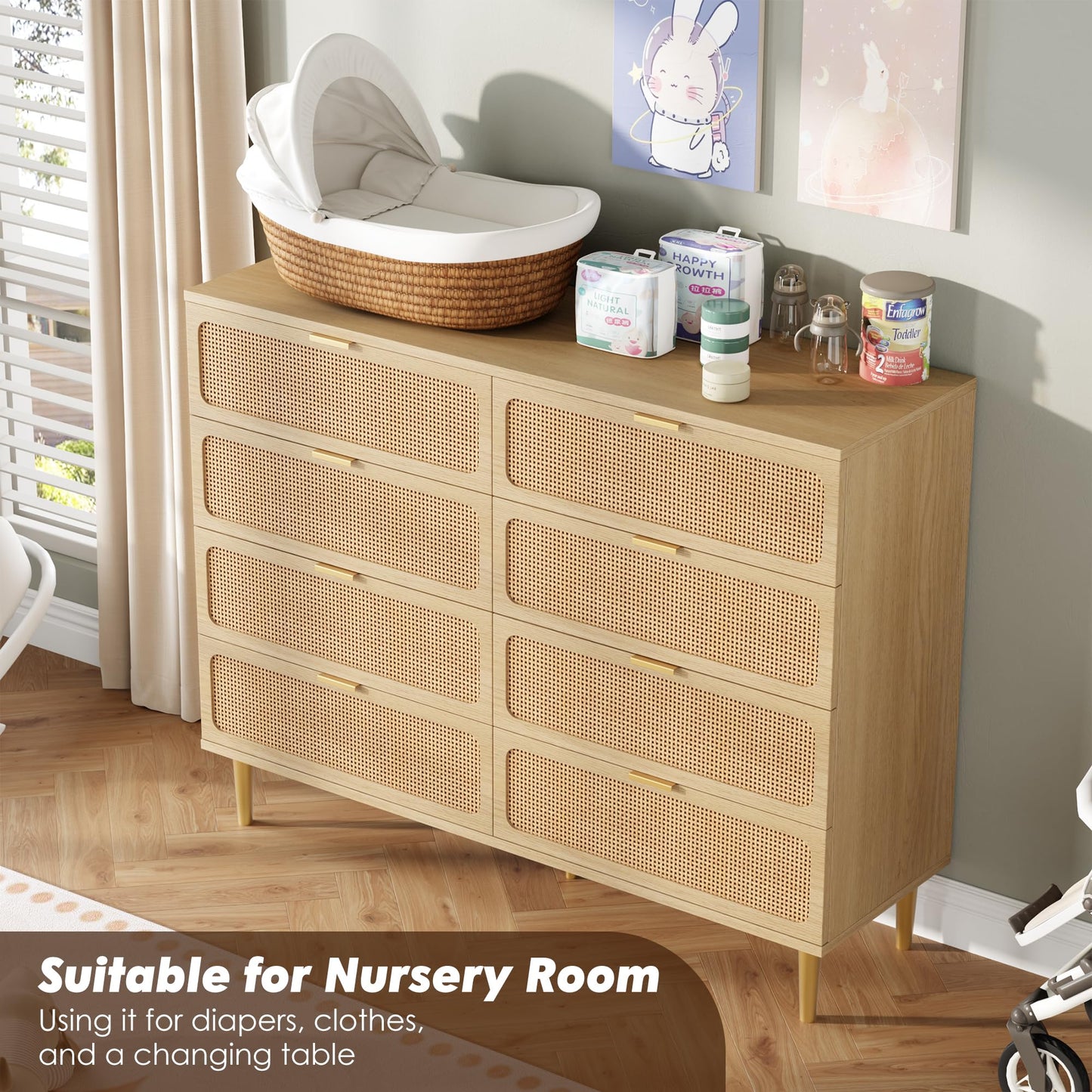 GarveeHome Rattan 8 Drawer Dressers for Bedroom, Tall Dresser with Deep Drawers, Large Chest of Drawers for Closet with Wide Top, Long Wooden Dresser for Living Room, Hallway, Kids Room, Natural
