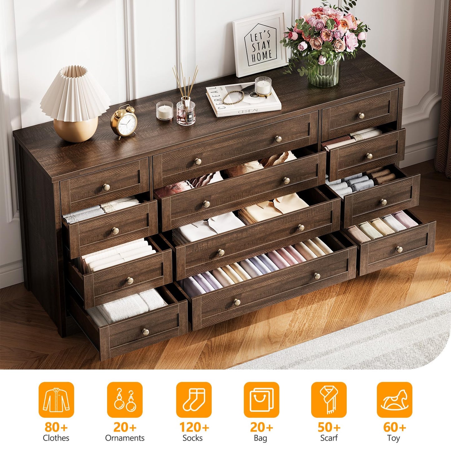 Garvee 12 Drawer Wooden Dressers for Bedroom, Brown Dresser for Adult Bedroom, Modern Wood Chest of Drawers for Living Room, Closet, Entryway, Hallway, Farmhouse Wide TV Stand for 65 Inch TV
