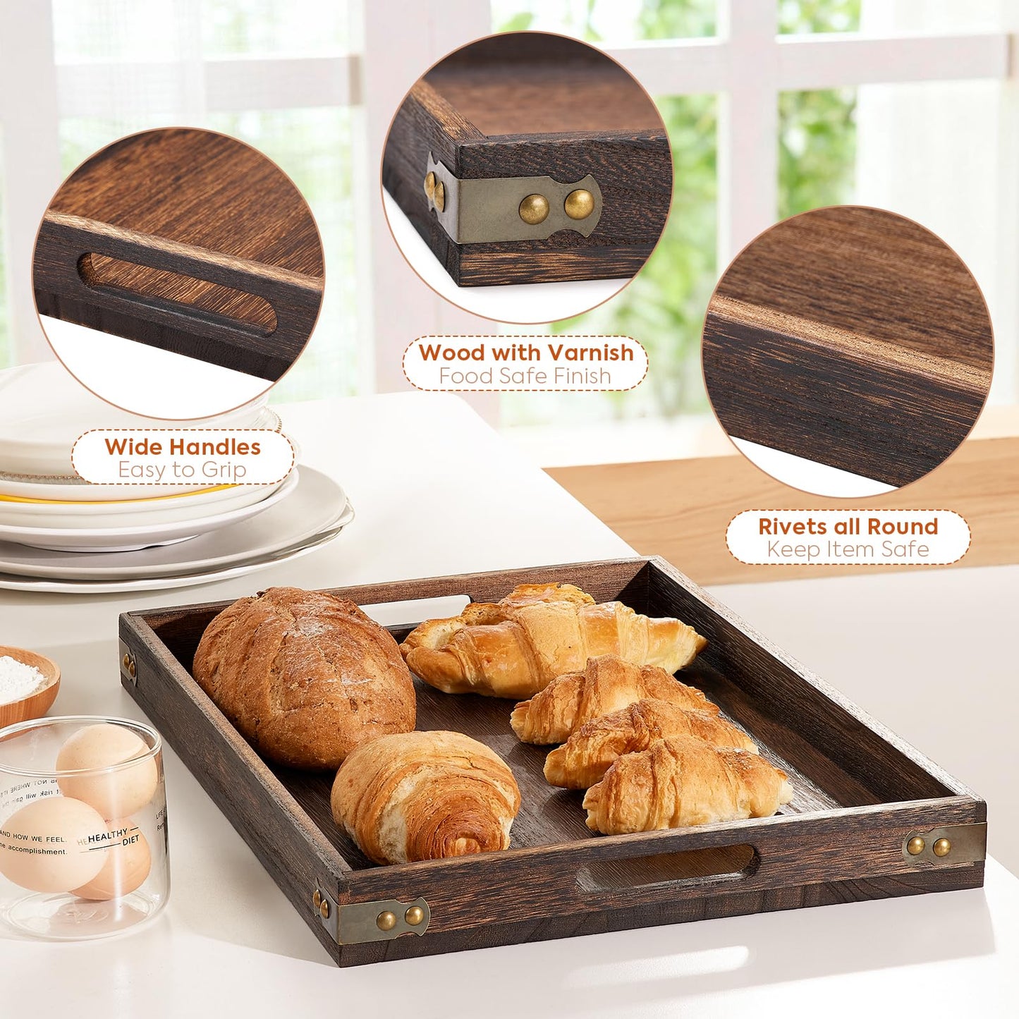 Serving Trays for Party-17In Large Serving Tray with Handles,Wooden Coffee Table Tray&Charcuterie Boards,Serving Platter for Breakfast in Bed Tray,Decorative Rectangular Tray for Ottoman/BBQ/Kitchen
