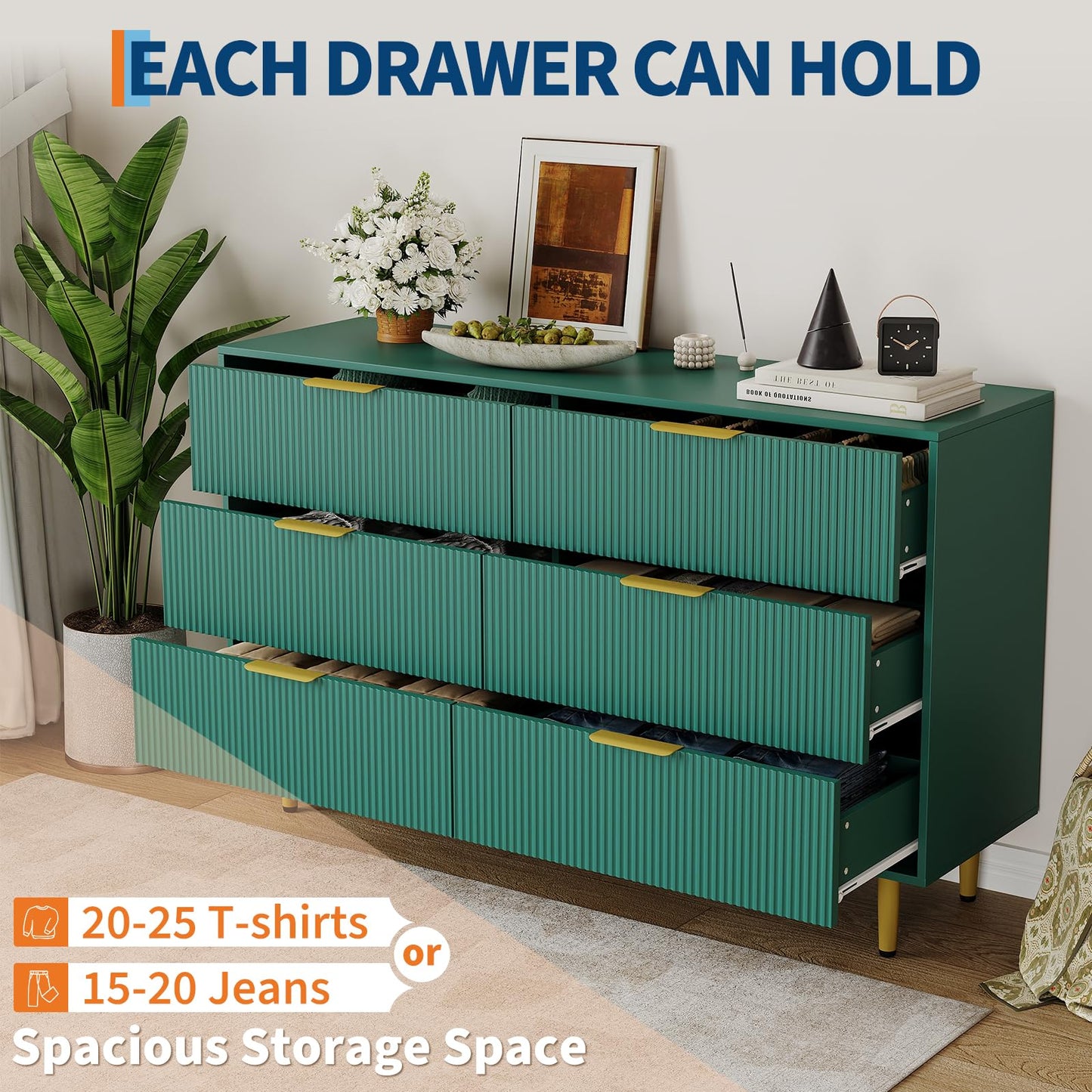Garvee 56" Wide Fluted Dresser for Bedroom with 6 Drawers, Wooden Chest of Drawers with Gold Metal Handle & Feet, Fluted Dresser for Living Room, Hallway, Bedroom, Green