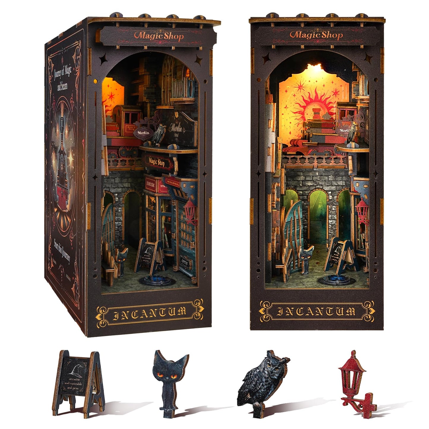 Rnfinewow Book Nook Kit Magic Steam Journey, 3D Wooden Puzzle with LED Lights, DIY Miniature Model Kit Room Home Decor, Holiday Birthday Christmas Day Gifts for Men Women Teens