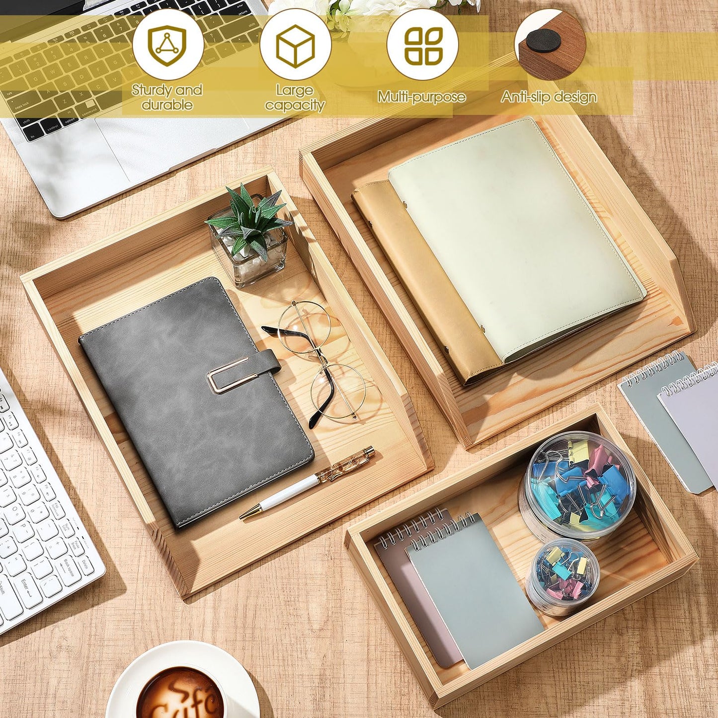 Beeveer 3 Pcs Wooden Letter Tray Wood Letter-Size Desk Organizer Heavy Duty 3 Tier Stackable Support Paper Tray Tabletop Inbox Drawer Desktop File Folder Magazine Office Back to School(Light Brown)