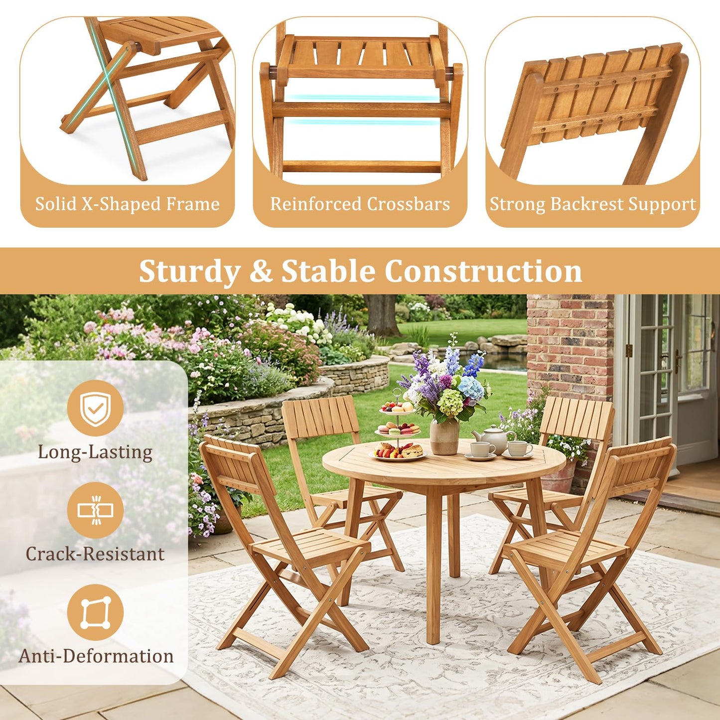 Tangkula Wood Foldable Patio Chairs Set of 2, Portable No Assembly Outdoor Bistro Chairs with Slatted High Backrest & Seat, Space-Saving Patio Seating for Porch, Garden, Backyard, Poolside & Lawn