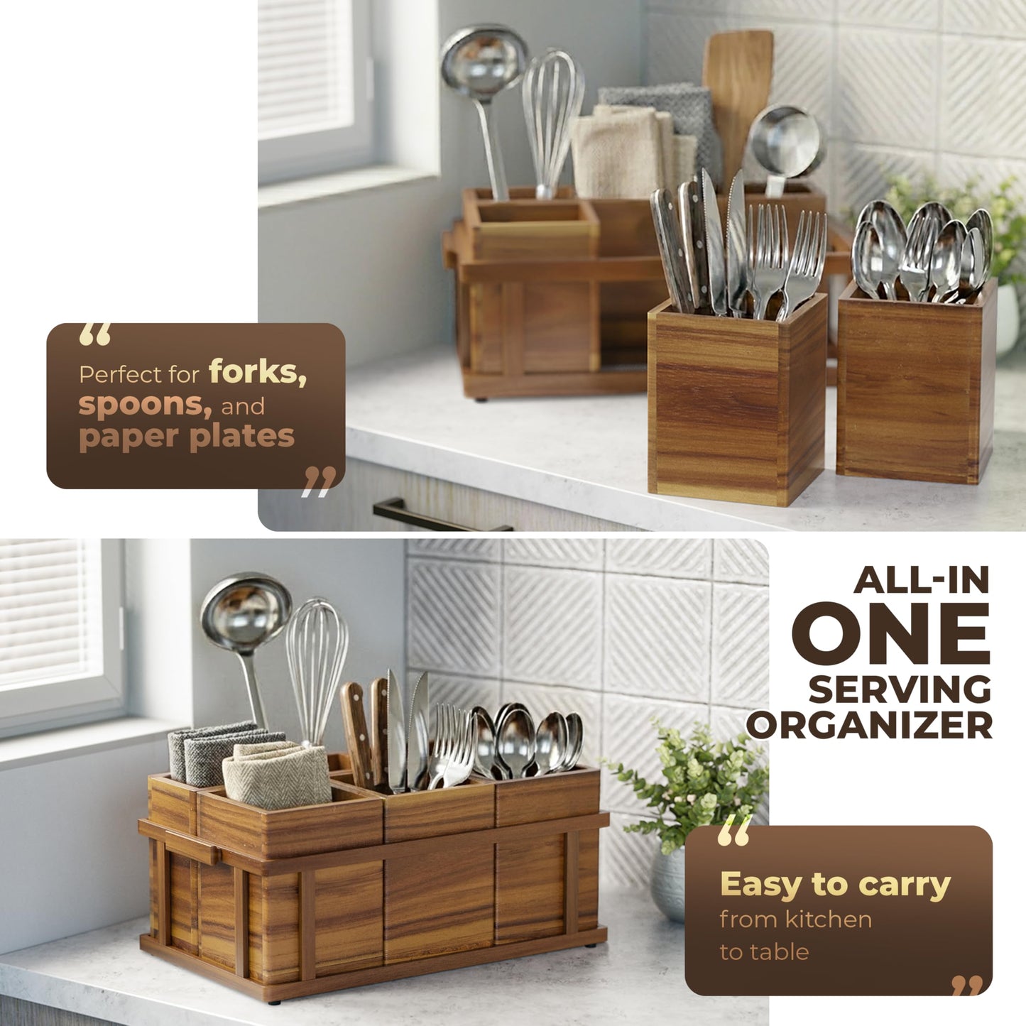LotusSway Acacia Silverware Caddy for Parties, Utensil Caddy with Paper Plate Dispenser, 4-Compartment Cutlery Flatware Organizer for Spoons, Forks, Napkins - Natural Wood Finish