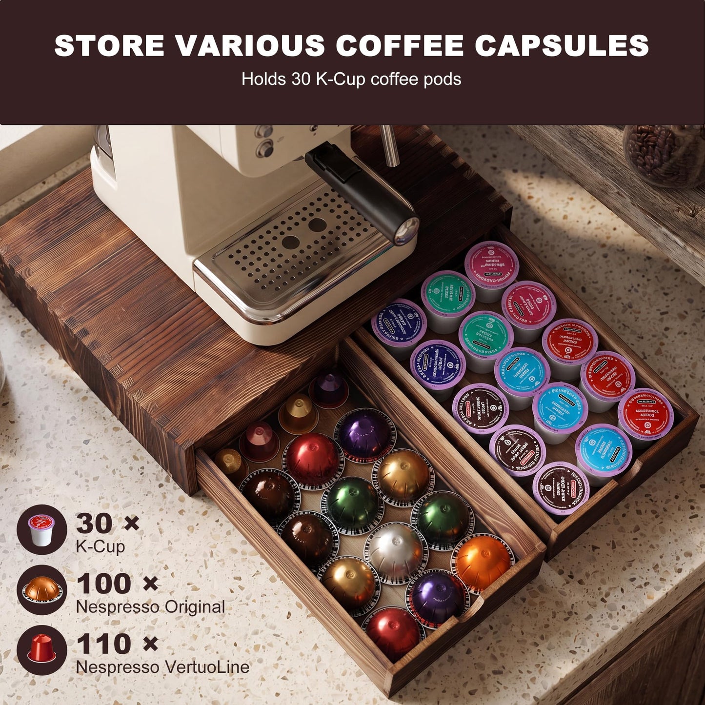 Wooden Coffee Pod Organizer with 2 Drawers, Countertop K-Cup Holder Drawer for 30 Pods, 2-in-1 Coffee Maker Stand + Storage Drawers, Coffee Pod Storage Perfect for Coffee Bar, Office & Home Kitchen