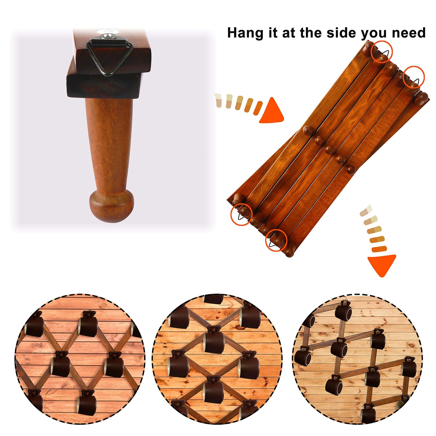 Dseap Accordian Wall Hanger: 16” High Wooden Wall Expandable Coat Rack, Hat Rack Holder, Accordion Hook for Baseball Caps, Coats, Mugs, 17 Peg Hooks, Brown