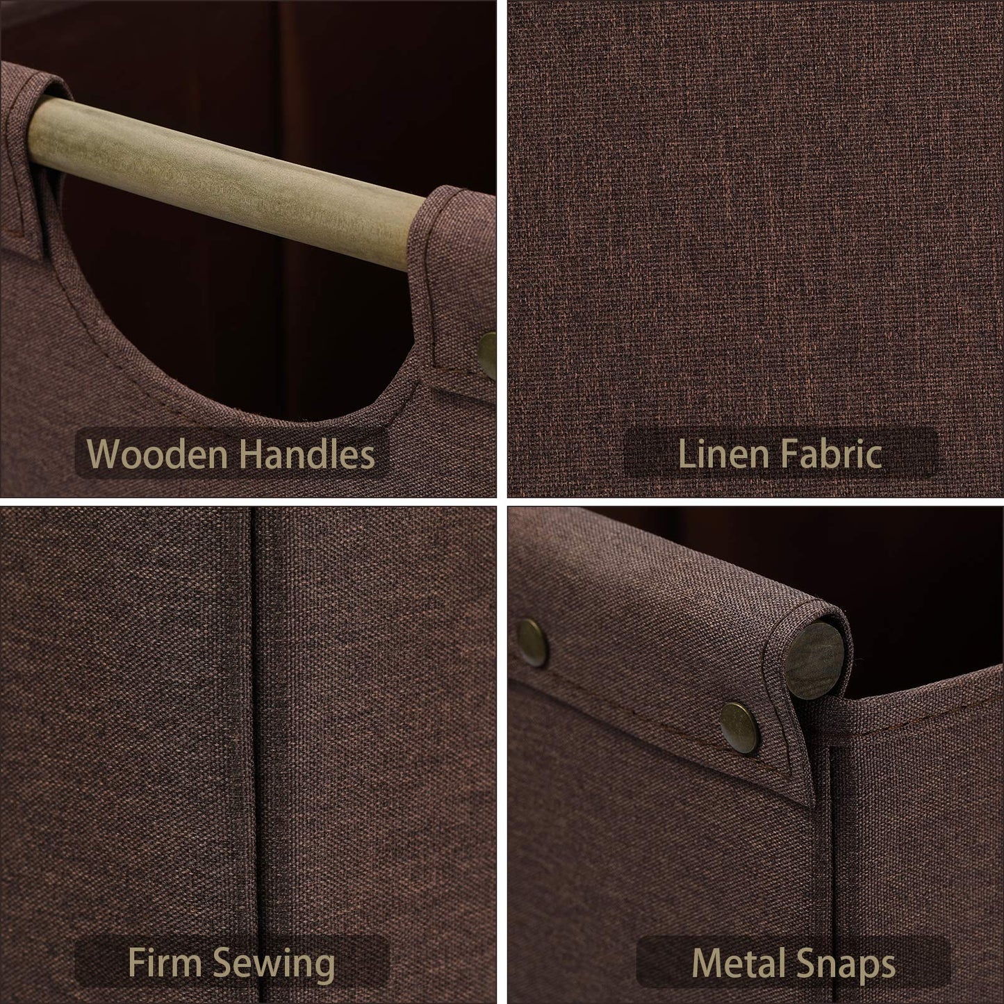 HOONEX Collapsible Storage Bins, 13x13x13 Inches Storage Cubes Linen Fabric, 3 Pack, Storage Baskets with Wooden Carry Handles and Sturdy Heavy Cardboard, for Home, Office, Car, Nursery, Brown