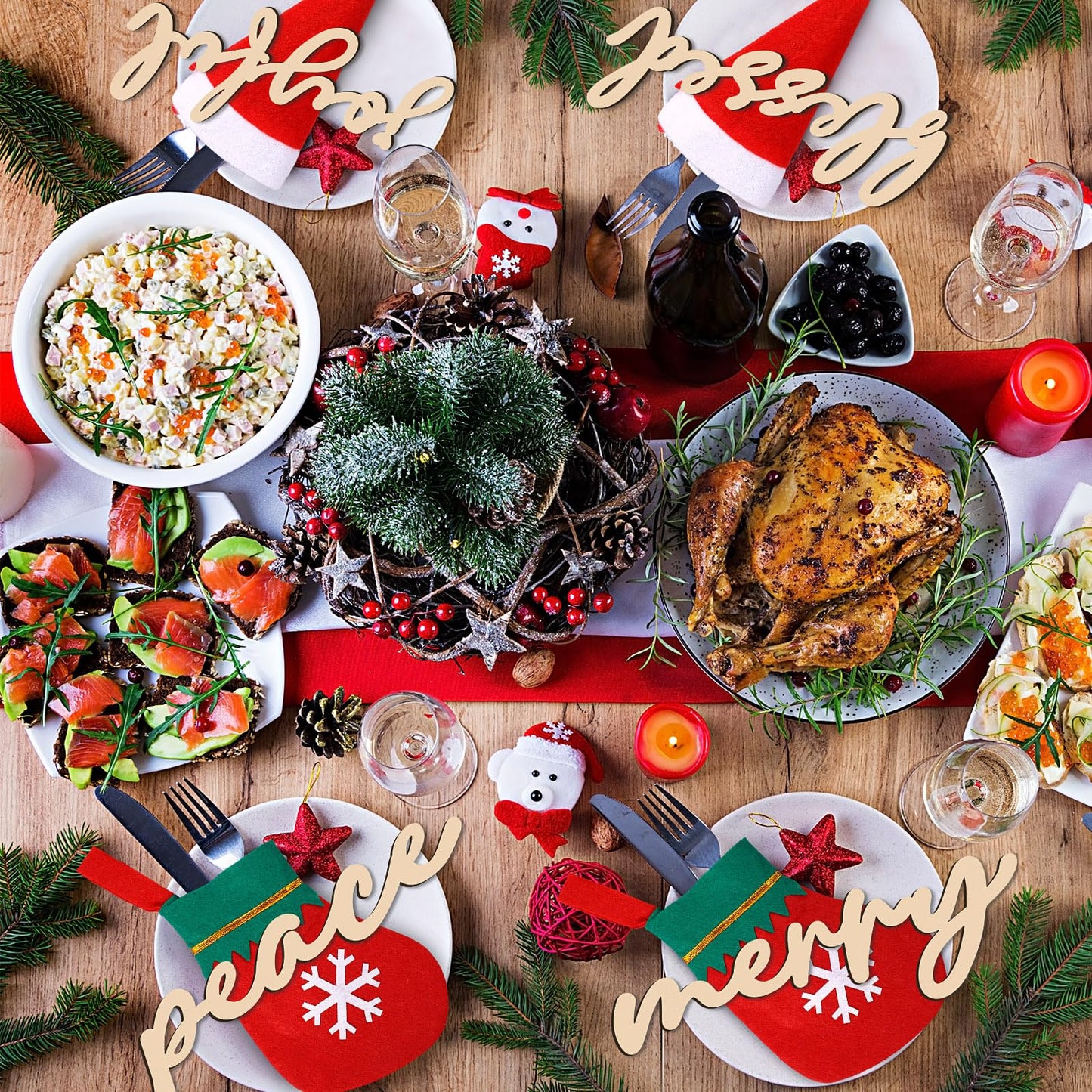 Geetery 24 Set Christmas Cutlery Tableware Holders Christmas Santa Hats Silverware Holders Christmas Socks Silverware Holders and Wooden Cutout Letter Signs for Party Dinner Table Decorations