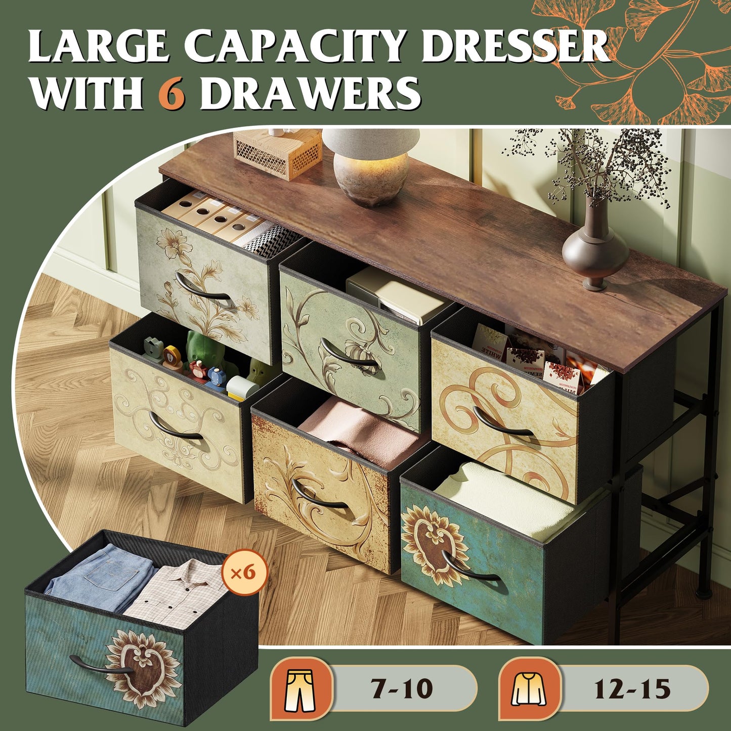 WLIVE Dresser for Bedroom with 6 Fabric Drawers, Closet Dresser with Metal Frame, Wooden Top, Chest of Drawers for Closet, Floral Painted