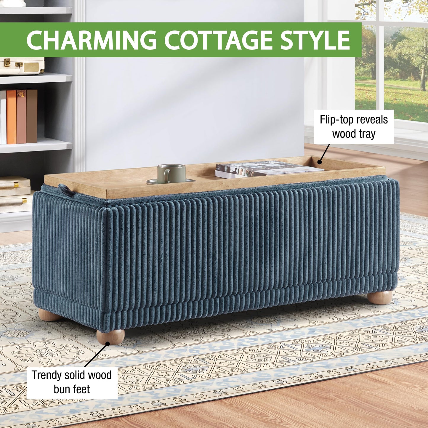 OSP Home Furnishings Sahara Storage Bench with Flip-Top Wood Tray, 42.5W x 14D x 18.5H inches, Natural Wood Feet, Blue Cord Fabric