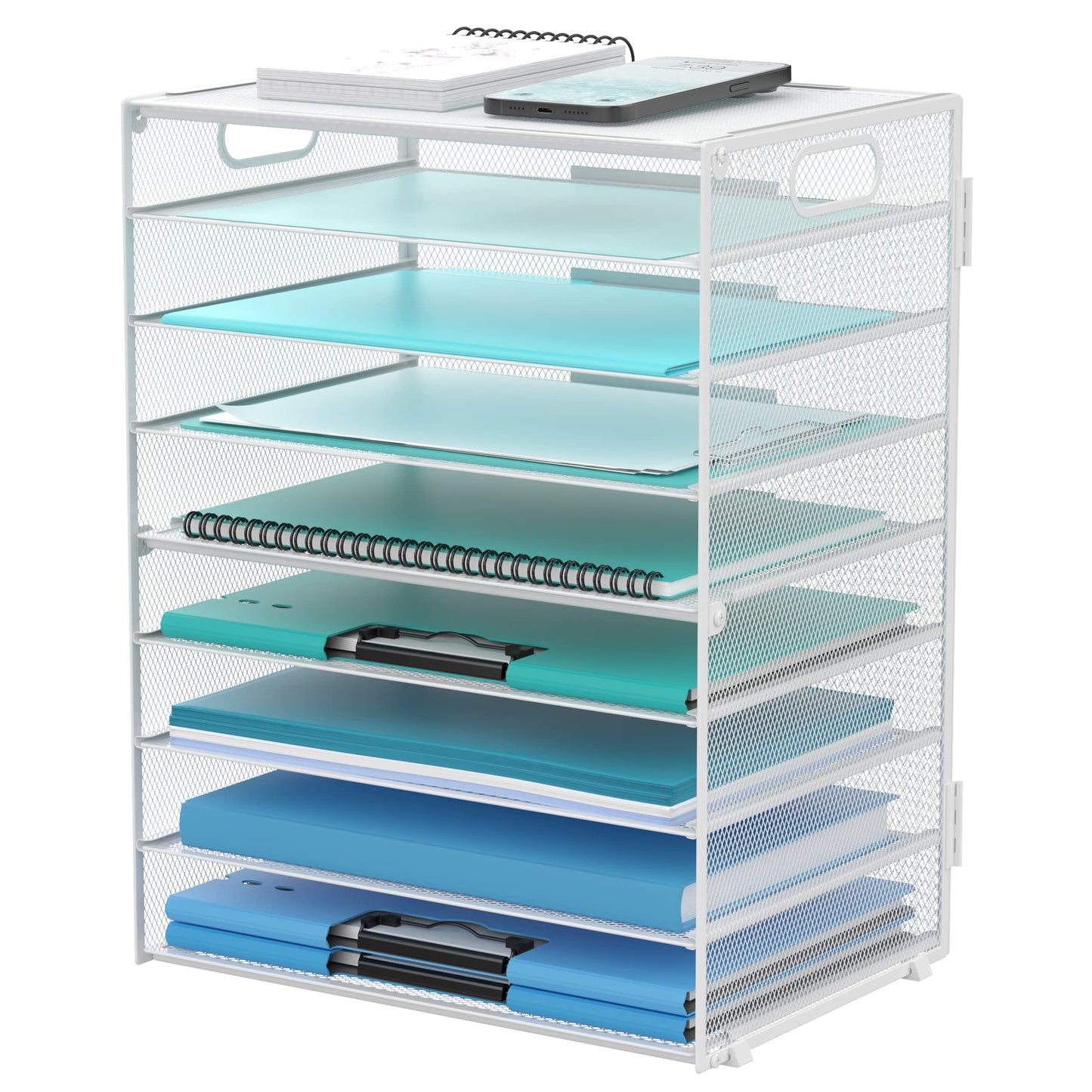DALTACK 9-Tier Paper Organizer for Desk, Mesh Letter Tray Desk Organizer with Handles, Space-Saving File Organizer for Office Home School, White