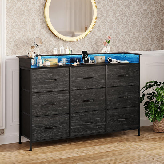 EXOTICA Black Dresser with Charging Station 9 Drawers Dresser with LED Light and USB Ports Fabric Dressers for Bedroom Hallway Entryway Closets Sturdy Steel Frame Wood Top