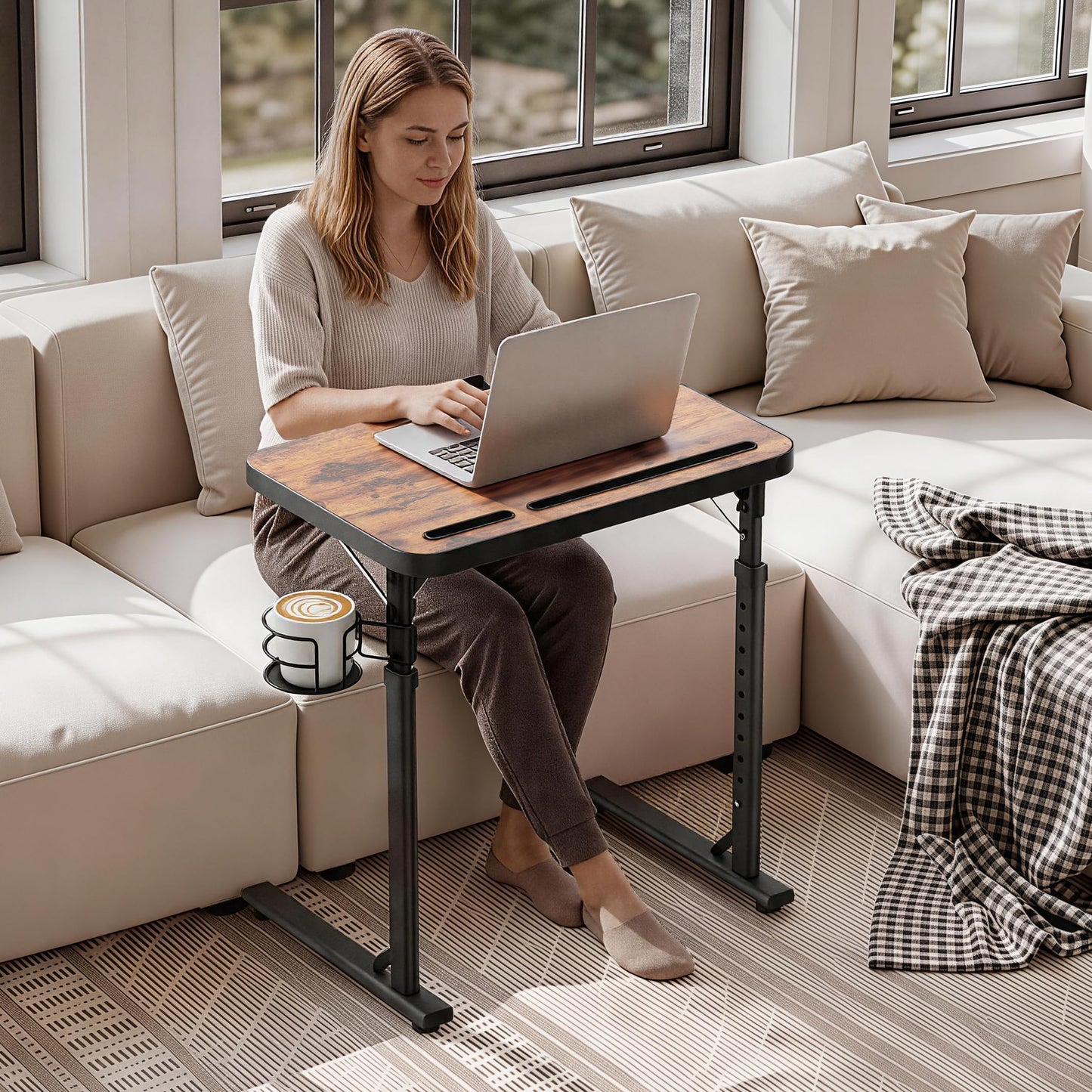 Kitstorack Adjustable TV Tray Table, Large Folding TV Food Tray with Tilting Tabletop, Rotatable Cup Holder, Device Slot & Anti-Slip Stopper, TV Dinner Tray Table for Couch, Bed, Work & Eating