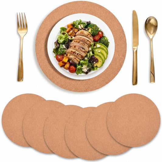 Gandeer Set of 6 Round Cork Placemats Rustic Heat Resistant Wooden Place Mats Cork Trivets for Hot Dishes High Density Thick Wood Coasters Non-Slip Hot Pads for Kitchen and Dining Tables Easy Clean