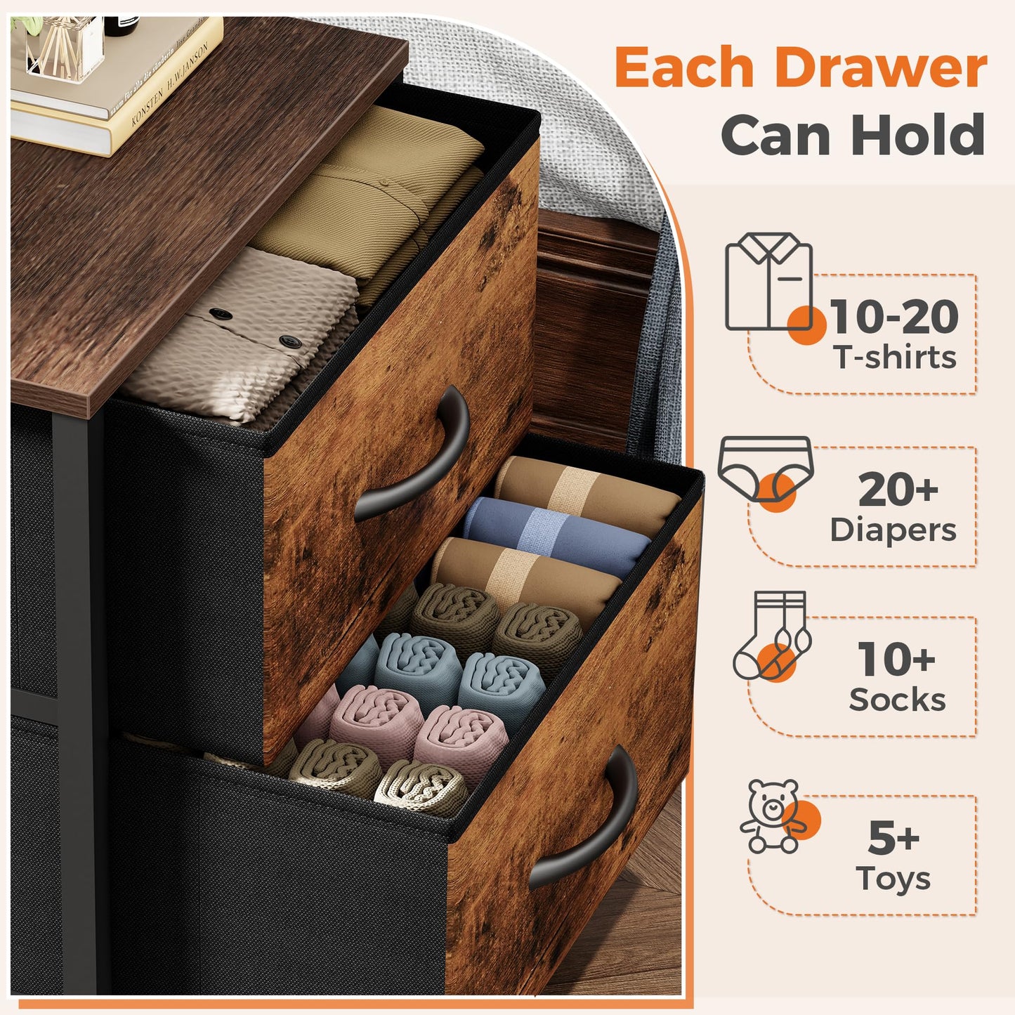 Sweetcrispy Nightstand with 2 Storage Drawers, 20" Height Small Bed Side Furniture End Table, Wooden Top Fabric Cabinet Kids Night Stand Mini Dresser for Bedroom, Closet, Entryway, Dorm