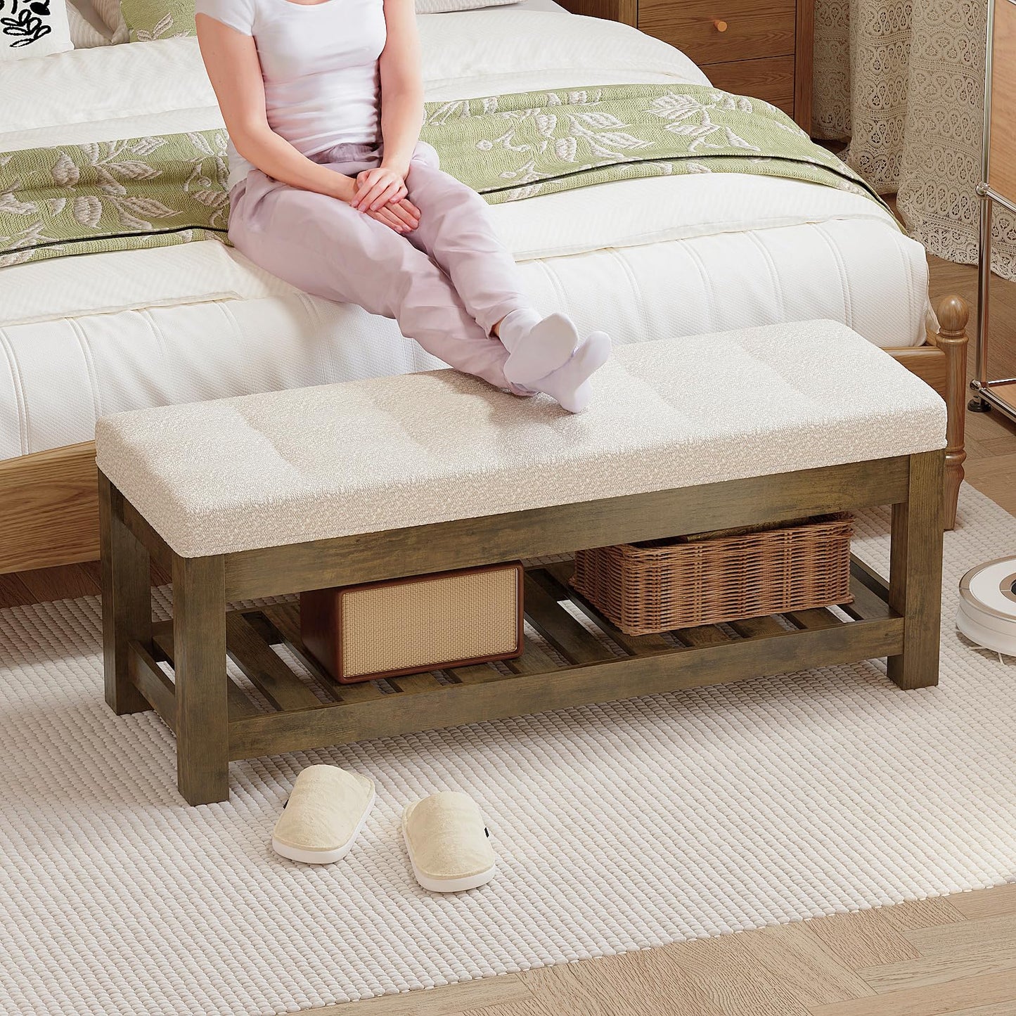 Welfuturer Large Upholstered Ottoman Bench Entryway Storage Benches Tufted Linen Ottoman Bench with Wood Shelf Padded End of Bed Bench for Bedroom Living Room Hallway Decor
