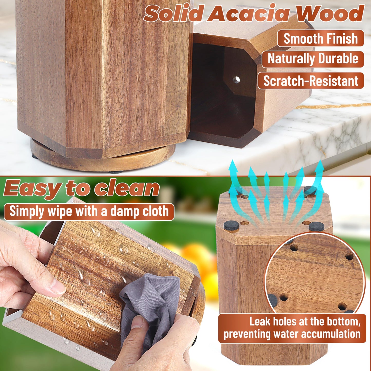 KINGSOW Wooden Utensil Holder Set: 3PCS Extra Large Acacia Wood Organizer with 360° Rotating Base for Kitchen Countertop - Farmhouse Storage Crock for Multi-Generation Family & Cooking Enthusiasts