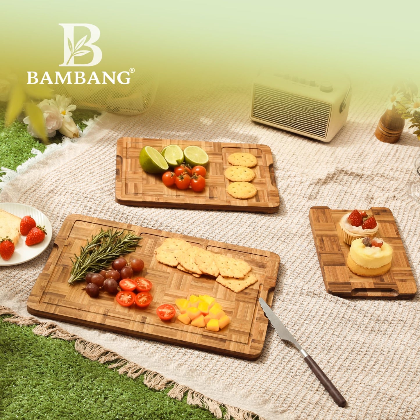 BAMBANG Bamboo Cutting Board for Kitchen with Juice Groove, End-Grain Butcher Block Chopping Boards, Checkered Wooden Cutting Boards Set of 3 with Stand, Knife-Friendly, Serving Tray