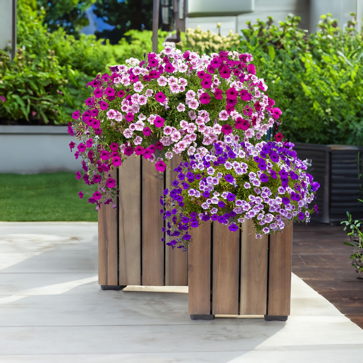Sunnydaze Indoor/Outdoor Wooden Planter Boxes - 2 Acacia Wood Square Plant Pots with Plastic Liners - Anthracite Stain