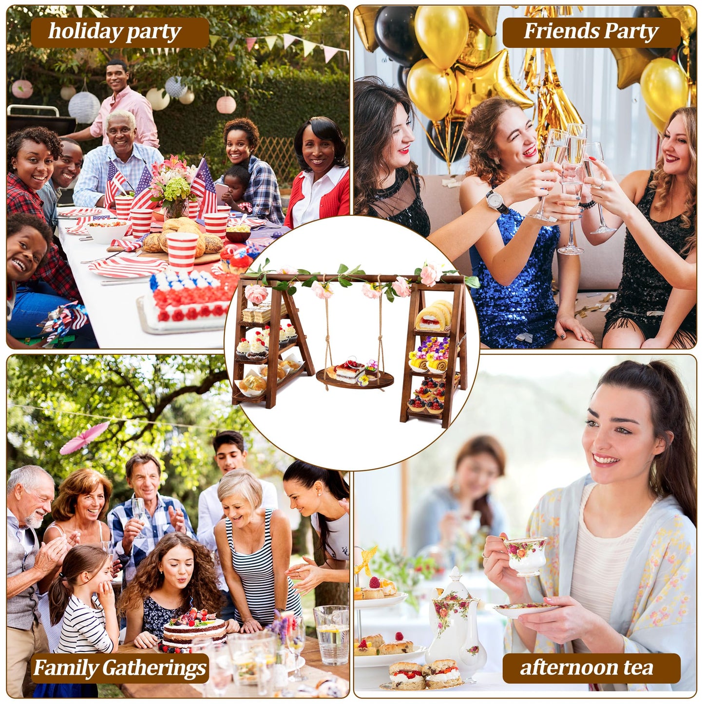 3 Tier Wooden Cupcake Stand with Swing and Flower Decoration, Large Dessert Stands with Serving Tray, Removable Trays, Foldable Ladder Food Display Set for Cake Snack Fruit Chips Bread Centerpieces (Dark Brown)