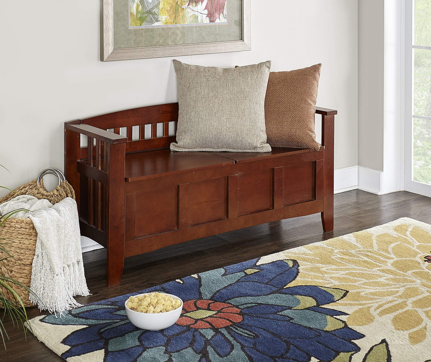 Linon Home Decor Storage Bench with Short Split Seat Storage, Walnut, 50 inchw x 17 inchd x 25.25 inchh.
