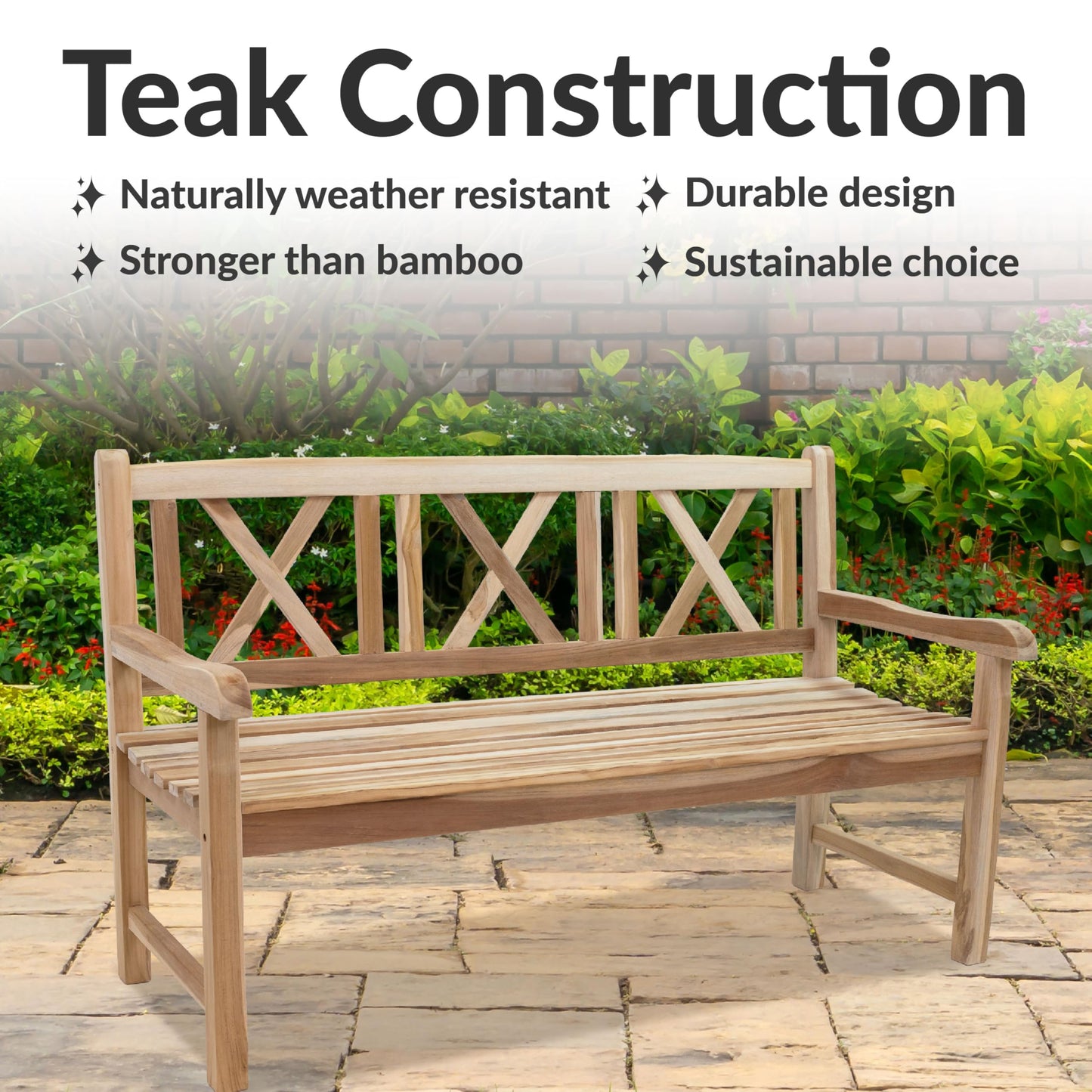 Sunnydaze 2-Person Outdoor Bench for Front Porch or Park - Wooden Teak Patio Garden Bench with Backrest - 675 lb Weight Capacity - Crossback