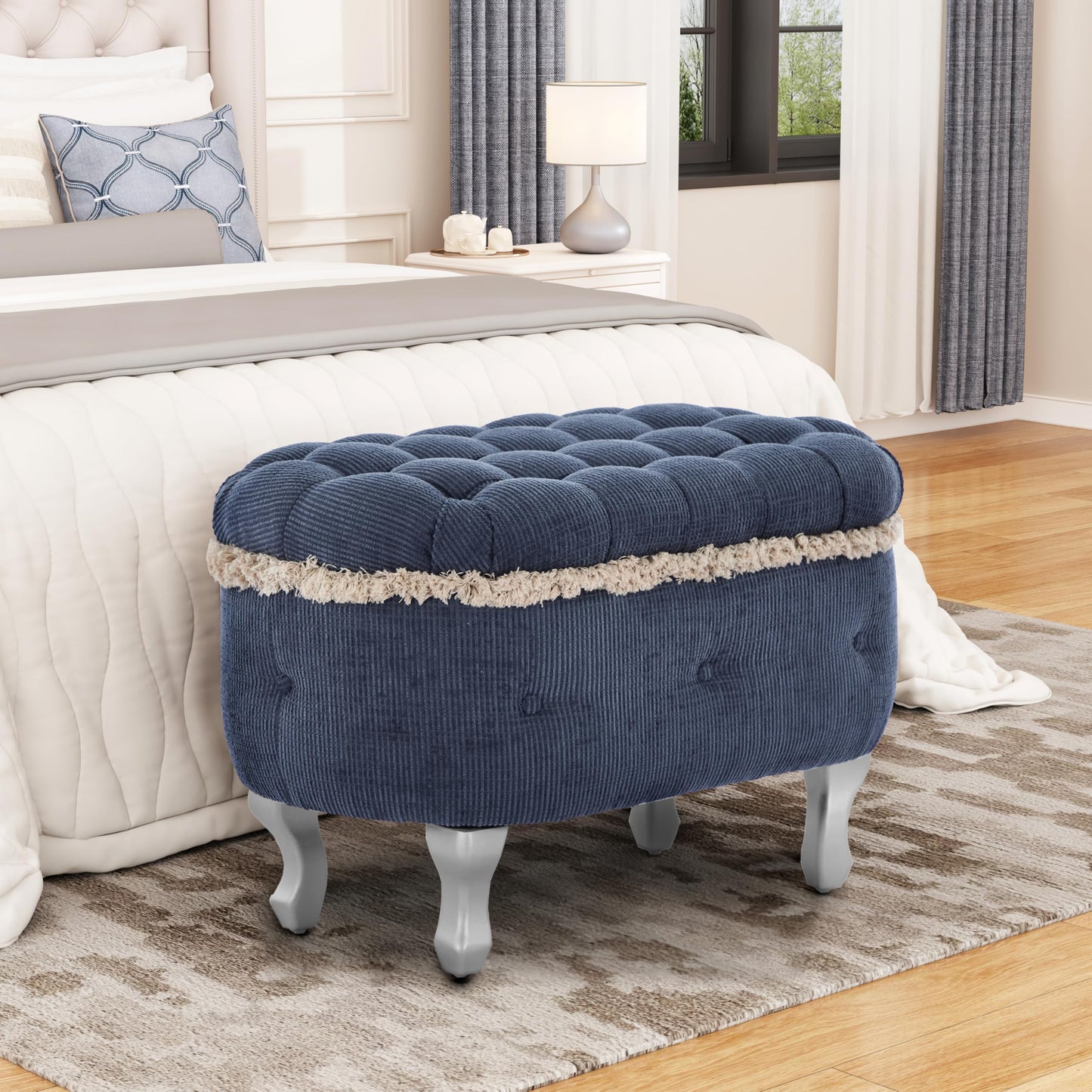 Christopher Knight Home Etele Mid-Century Modern Fabric Upholstered Ottoman with Storage, Wooden Living Room Sofa Ottoman Footrest, Entryway Ottoman Foot Stool, Toy Box Storage for Living Room, Blue