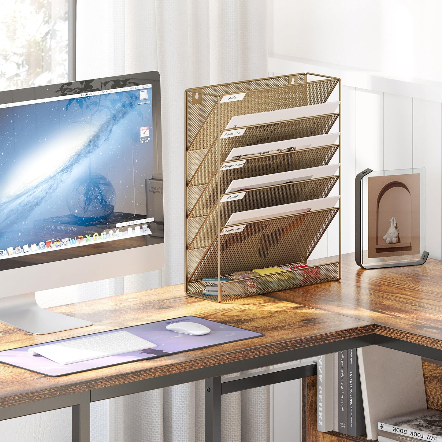 EasyPAG 5 Tier Wall File Holder, Mesh Hanging Folder Organizer with Classify Label, Versatile Desk File Holder, Vertical Wall Mounted Mail Organizer for Office Home Cubicle, Gold