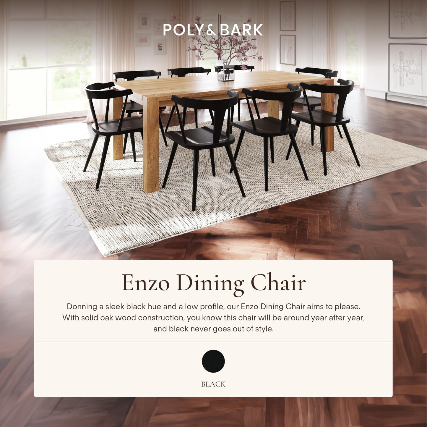 Poly & BARK Mid Century Modern Enzo Black Dining Chair – Solid Oak Wood Splat Back Chair, 18" Seat Height, 32" Tall – Stylish MCM Kitchen & Dining Room Chair - Set of 3