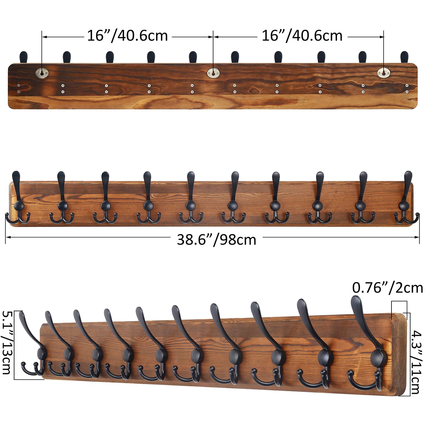 SKOLOO Rustic Large Wall Mounted Coat Rack-38.6'' Long Coat Rack for Wall, Pine Solid Wood Coat Rack Hook, Farmhouse Coat Hanger Wall Mount for Hanging Jacket Coat Hat, Pack of 2