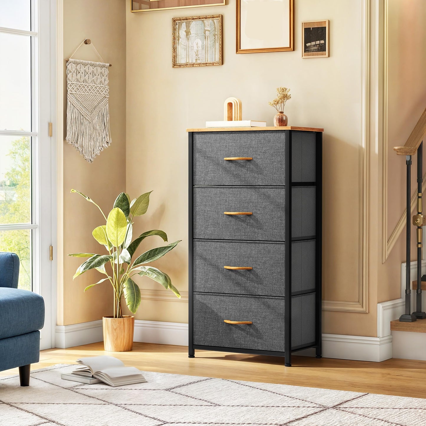 DWVO 4 Drawers Dresser, Small Dresser for Bedroom, Fabric Storage Tower, Chest of Drawers, Organizer Unit for Closets, Living Room, Sturdy Steel Frame, Wooden Top, Easy Pull Handle